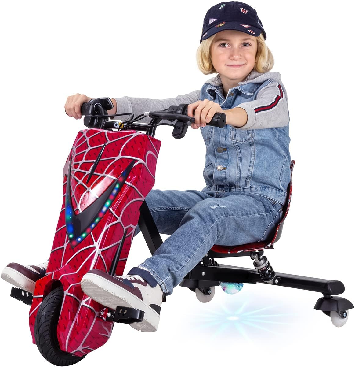 Actionbikes Motors Kinder elektrische driftscooter | 𝟐𝟓𝟎 Watt Motor - Drift Cart 360°- 3 snelheidsniveaus - LED-verlichting - Verstelbare stoel - Bluetooth - Drift Kart - Drift Auto (Space Purple)
