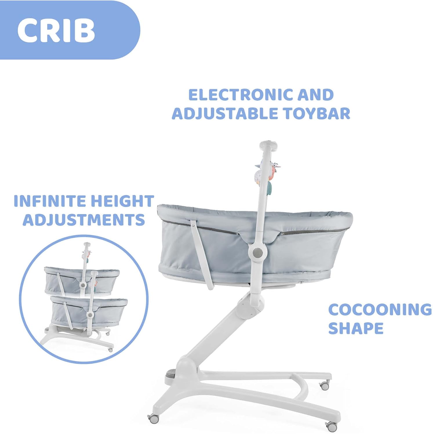 Chicco Baby Hug 4-in-1 wieg vanaf 0 maanden, verhoogde babylounger, babybed, kinderstoel met speelboog, tot 15 kg, verstelbare rugleuning, verstelbare hoogte en 4 wielen