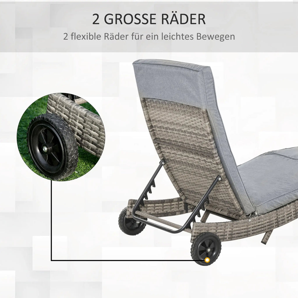 Outsunny Ligbed polyrotan verstelbaar met wielen grijs