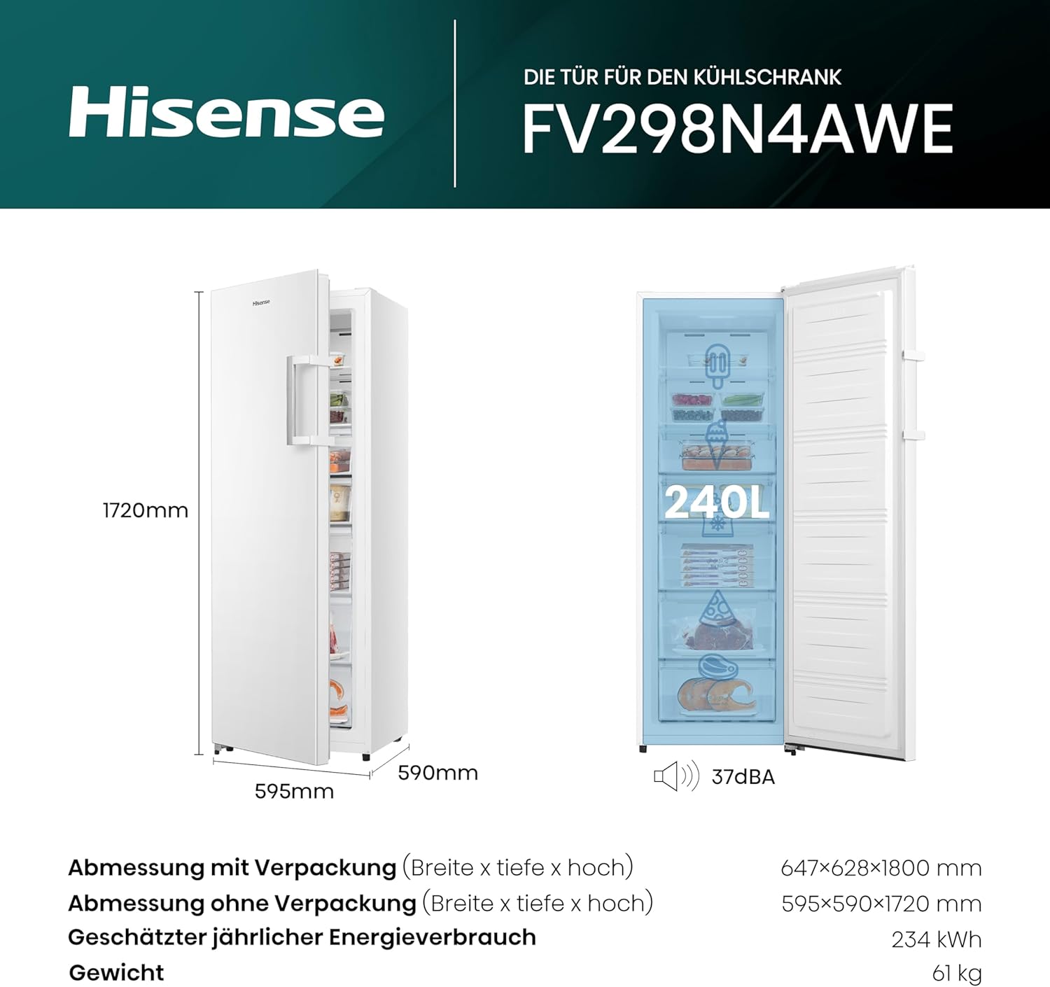 Hisense FV191N4AW2 Vriezer/ TotalNoFrost/ SuperFreeze/ Deuralarm/ Multiflow 360°/ BigBox/ 143,4 cm/ Vriesgedeelte 147 l/ 41 dB/ 205 kWh/Wit