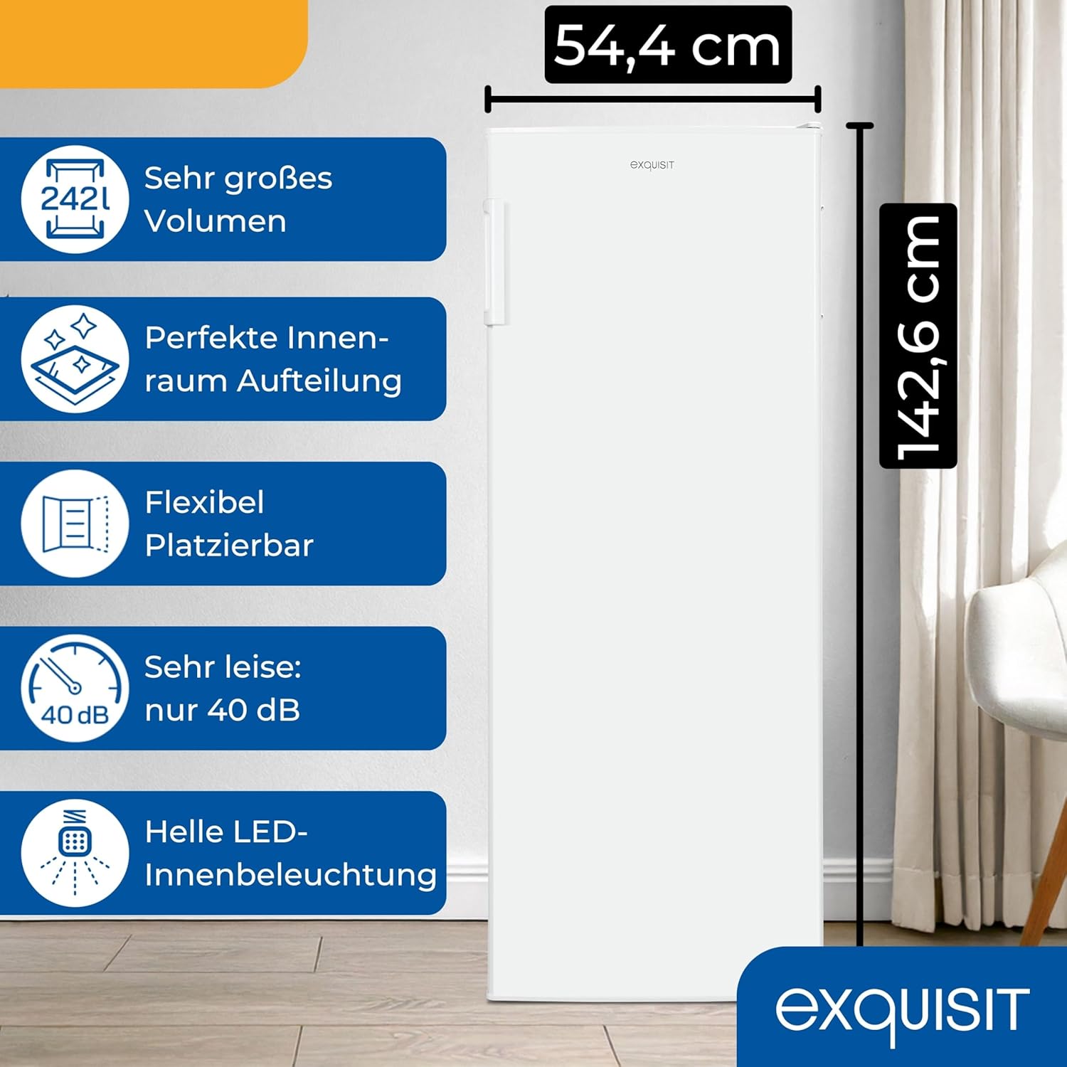 Exquisit Koelkast zonder vriesvak, grote koelkast, 5 legplanken, 242 liter, tafelmodel koelkast 143 cm hoog, KS5320-V-H-040E wit