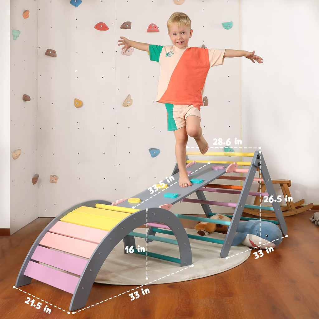 Driehoekset met kussen, 5-in-1 Montessori klimset, opvouwbaar, klim-binnenspeeltuinset voor peuters, houten klimspeelgoed met glijbaan en klimboog voor kinderen (houtkleur)