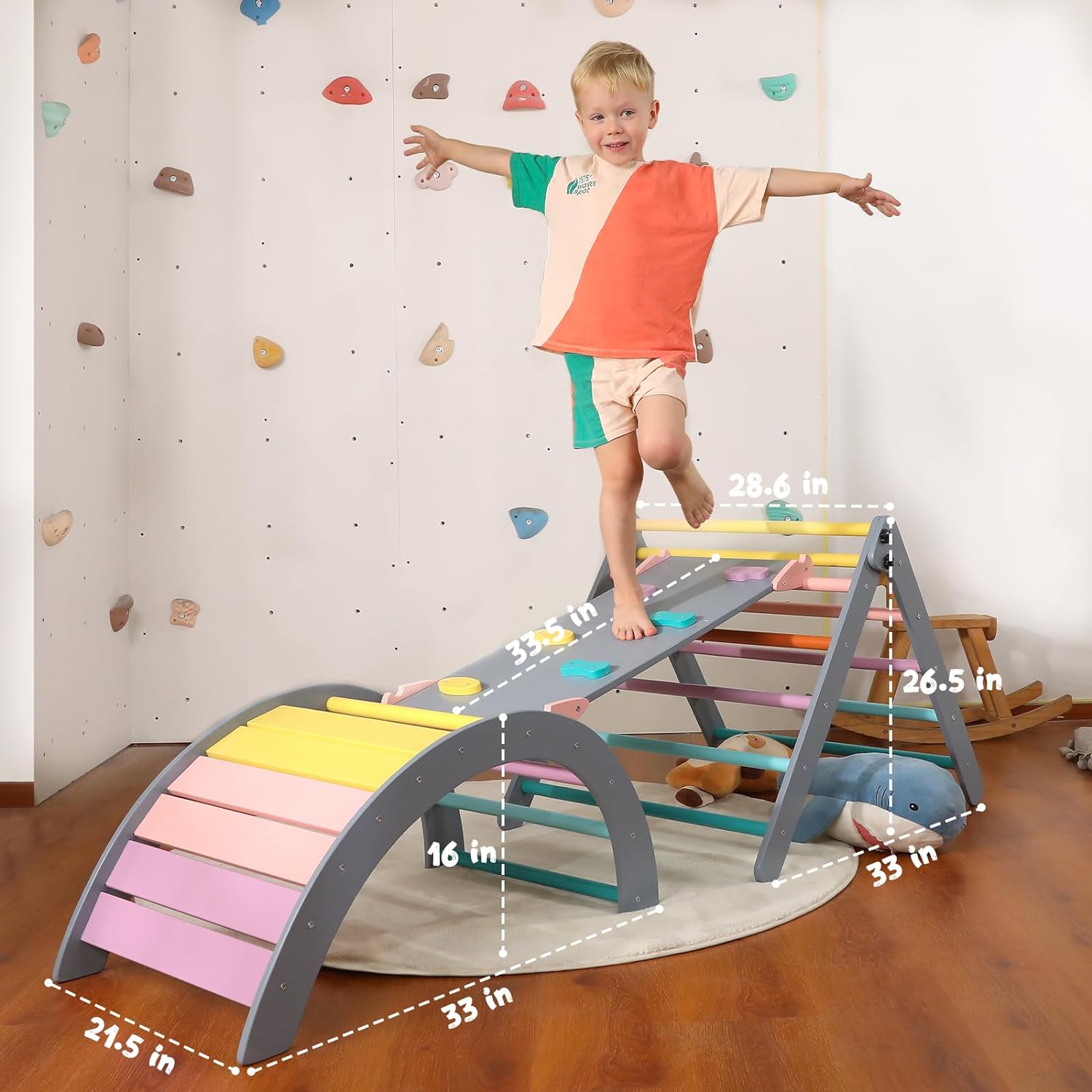 Driehoekset met kussen, 5-in-1 Montessori klimset, opvouwbaar, klim-binnenspeeltuinset voor peuters, houten klimspeelgoed met glijbaan en klimboog voor kinderen (houtkleur)