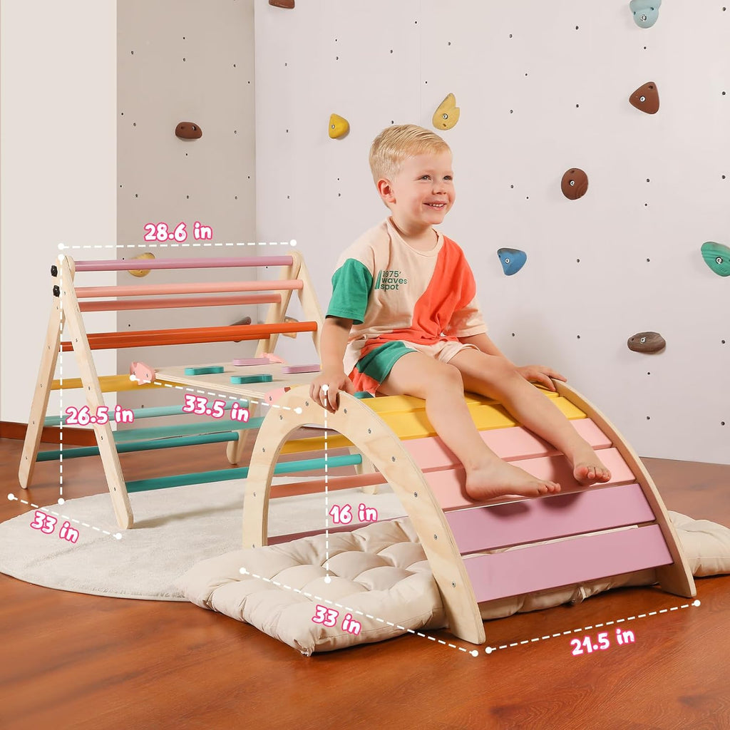 Driehoekset met kussen, 5-in-1 Montessori klimset, opvouwbaar, klim-binnenspeeltuinset voor peuters, houten klimspeelgoed met glijbaan en klimboog voor kinderen (houtkleur)