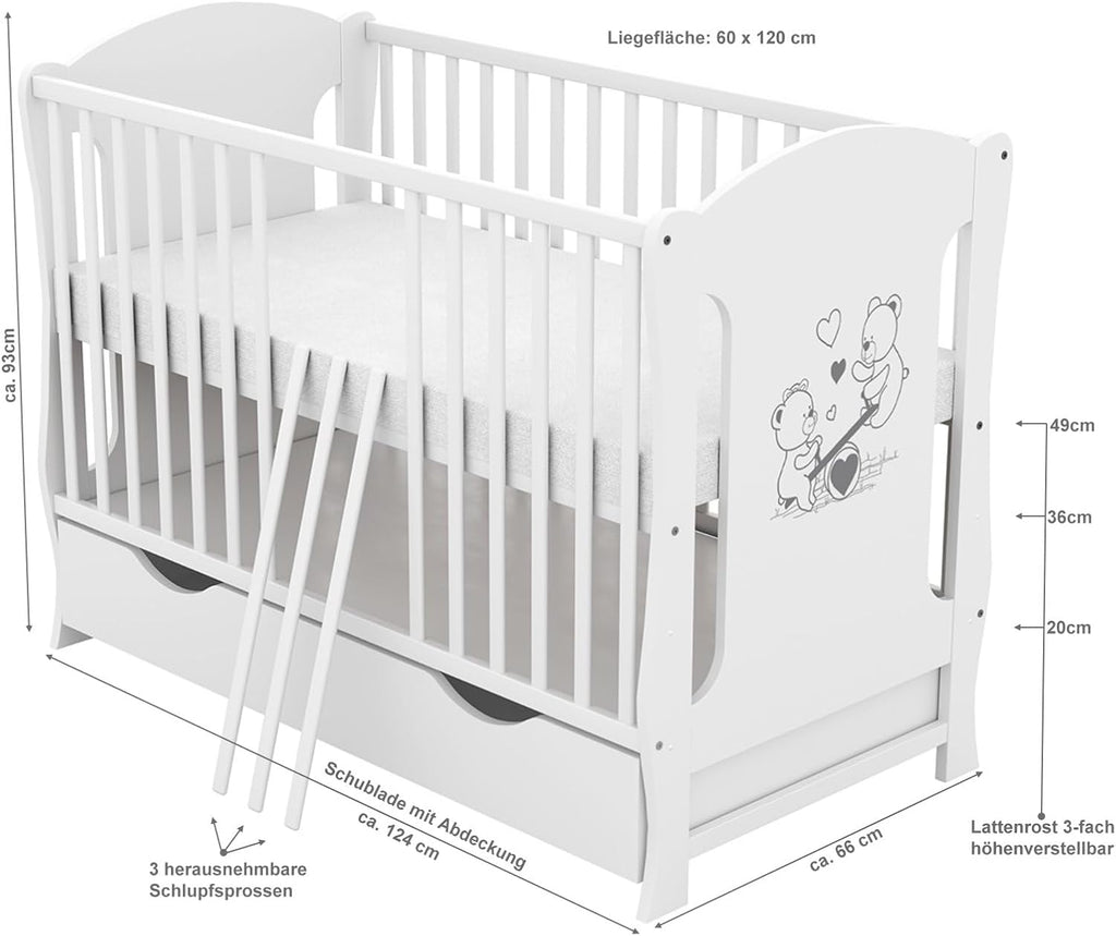 Baby Delux Babybed 60x120 wit Kinderbed ombouwbaar naar juniorbed Lade Matras Teddy Wip Motief