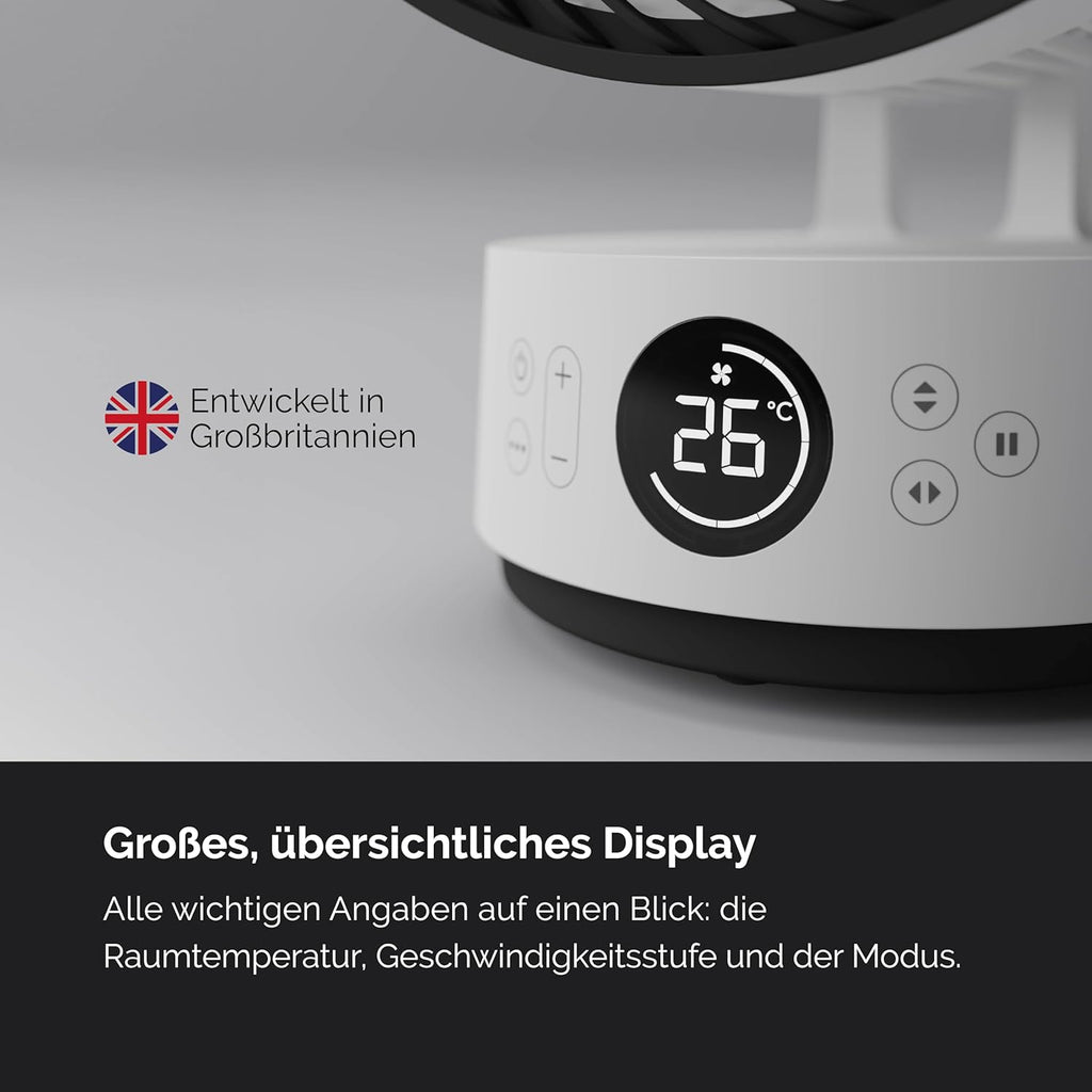 MEACO MeacoFan Stilvolle Tafelventilator - 10-inch luchtverplaatser met 12 snelheden - Horizontale en verticale oscillatie - 3 oscillatiegebieden - Ultrastille, op afstand bediende koeling, Zwart