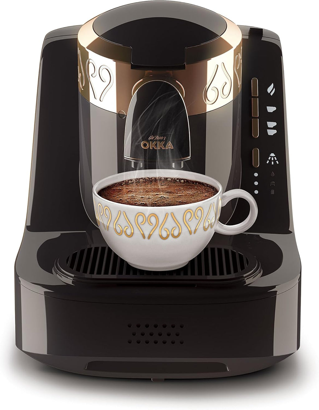 Arzum Okka Turkse koffiemachine, volautomatisch, 3 kopmaten, zelfreinigingsfunctie, watertank van 950 ml, overloopbeveiligingssensor, compact ontwerp, zwart-goud