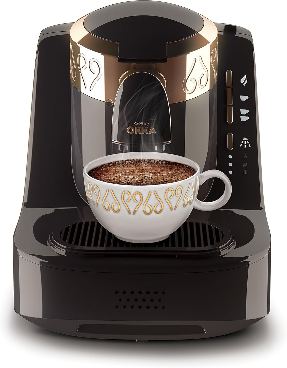 Arzum Okka Turkse koffiemachine, volautomatisch, 3 kopmaten, zelfreinigingsfunctie, watertank van 950 ml, overloopbeveiligingssensor, compact ontwerp, zwart-goud