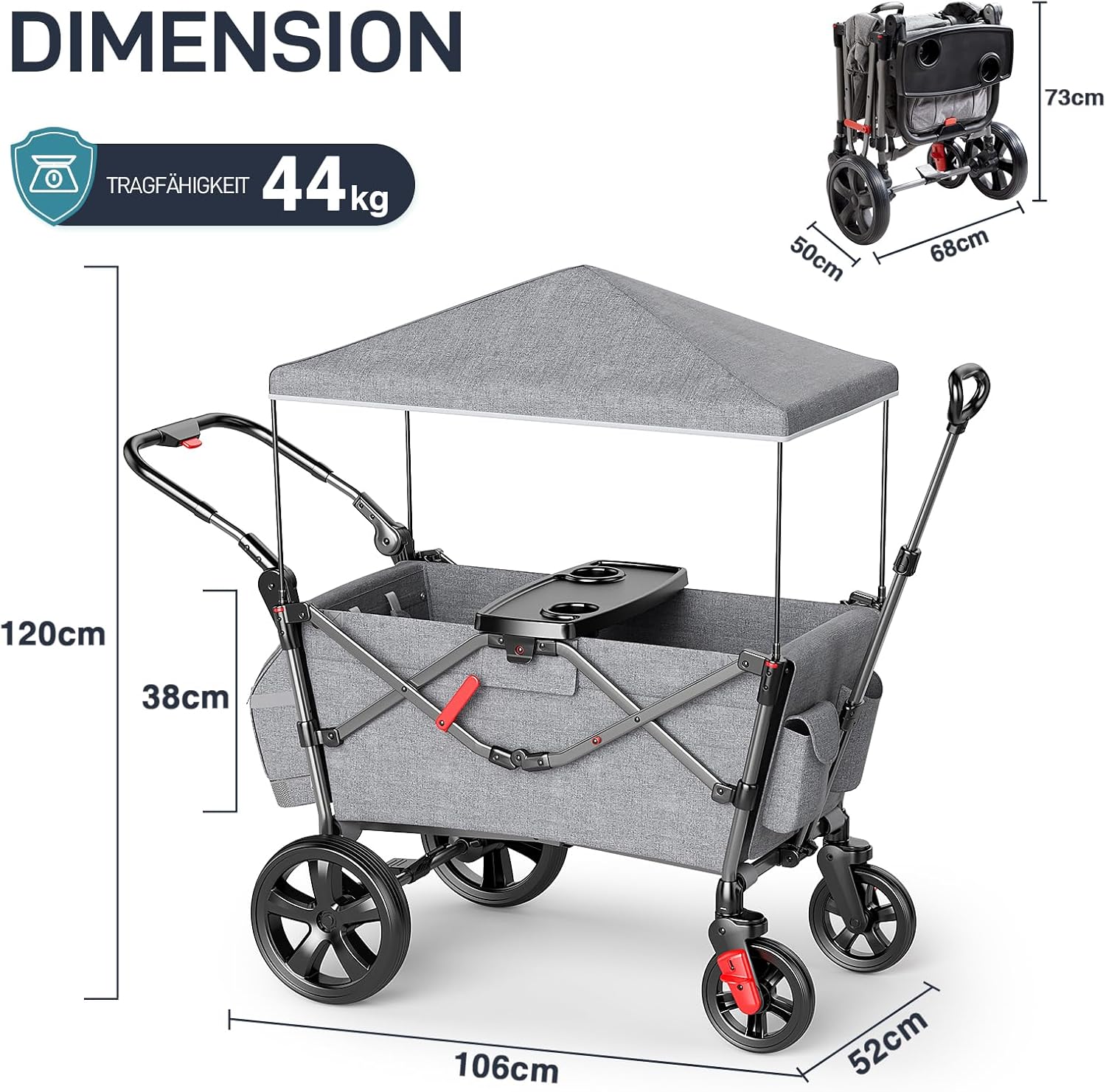 EVER ADVANCED Bolderkar voor 2 kinderen Opvouwbaar met dak, kinderwagen 2x5-punts veiligheidsgordel met luiertas, bolderkar met zitje, handwagen transportwagen, trekken & duwen, voetrem