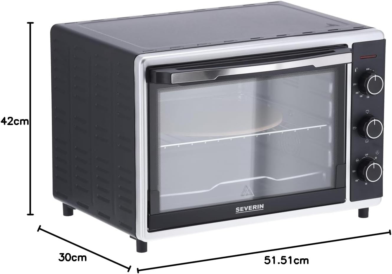 SEVERIN Bak- en Toastoven met heteluchtfunctie, Mini Oven met grillrooster, bakplaat, draaispies en pizzasteen, veelzijdige heteluchtoven met 42 L inhoud, 1.800 W, zwart, TO 2058