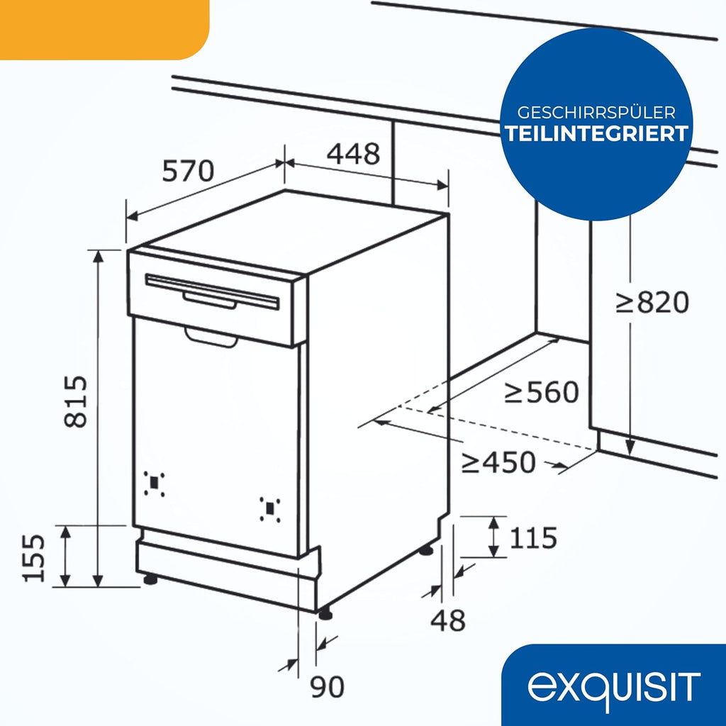 Exquisit Vaatwasser, 45 cm breedte, gedeeltelijk geïntegreerd, 9 couverts, 9 liter, startuitstel, ECO-modus, vaatwasser 45 cm, EGSP51009-EB-030E inox