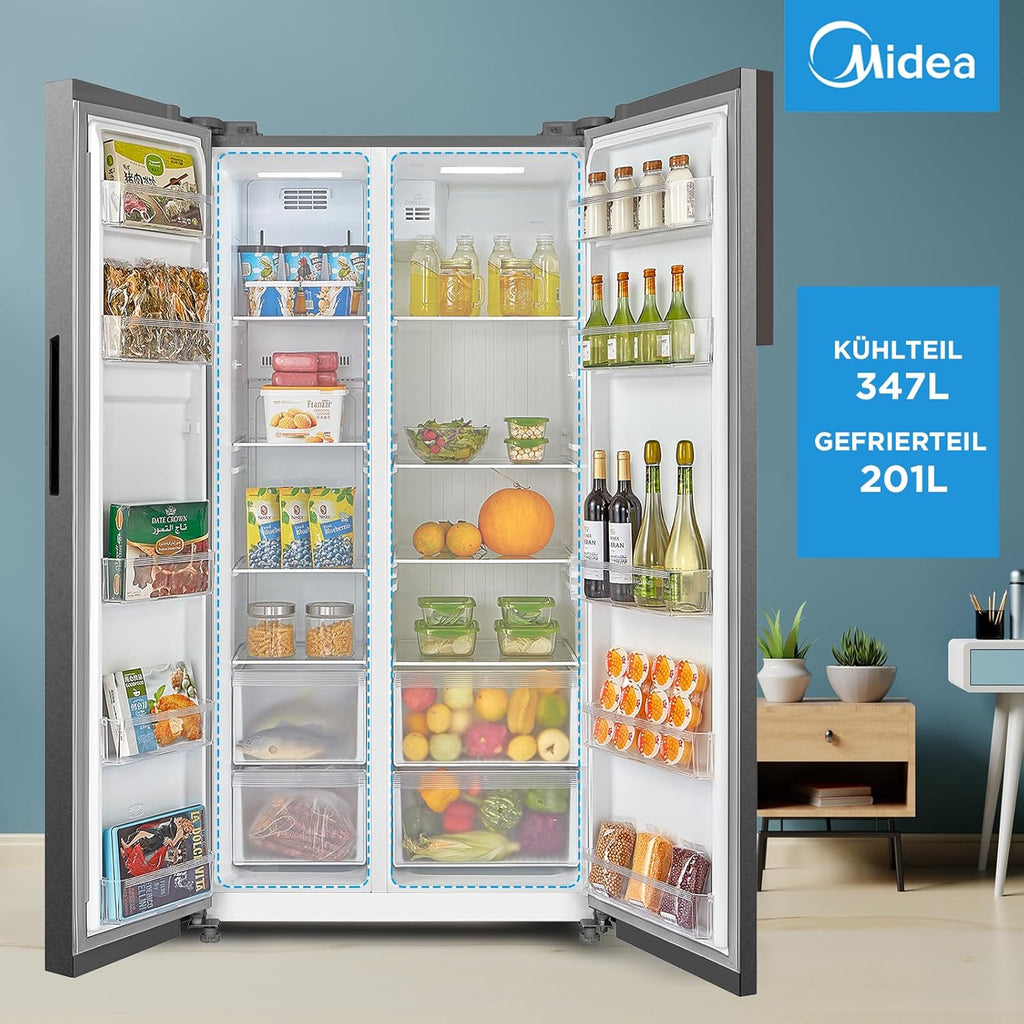 Midea KS-DDX 6.32 WT Amerikaanse koelkast/178,8 cm hoogte/254 kWh/jaar/No Frost/Dual Inverter Compressor/met 3-in-1 water-/ijsdispenser en watertank, Dark Inox