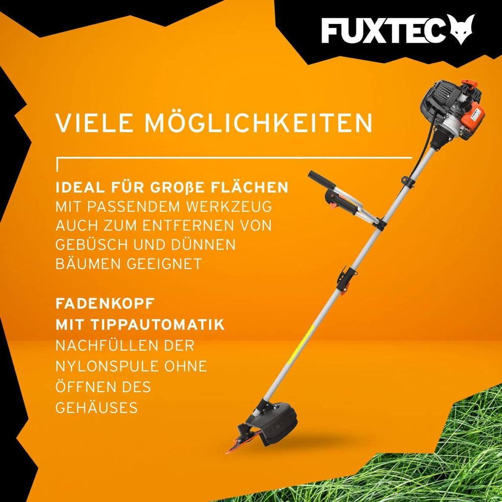 FUXTEC Benzine bosmaaier FX-4MS131, grastrimmer met 4-taktmotor, 320 mm snijcirkel, ergonomische tweehandige handgreep, noodstopschakelaar, lichtgewicht, incl. professionele draagriem/mes/draad