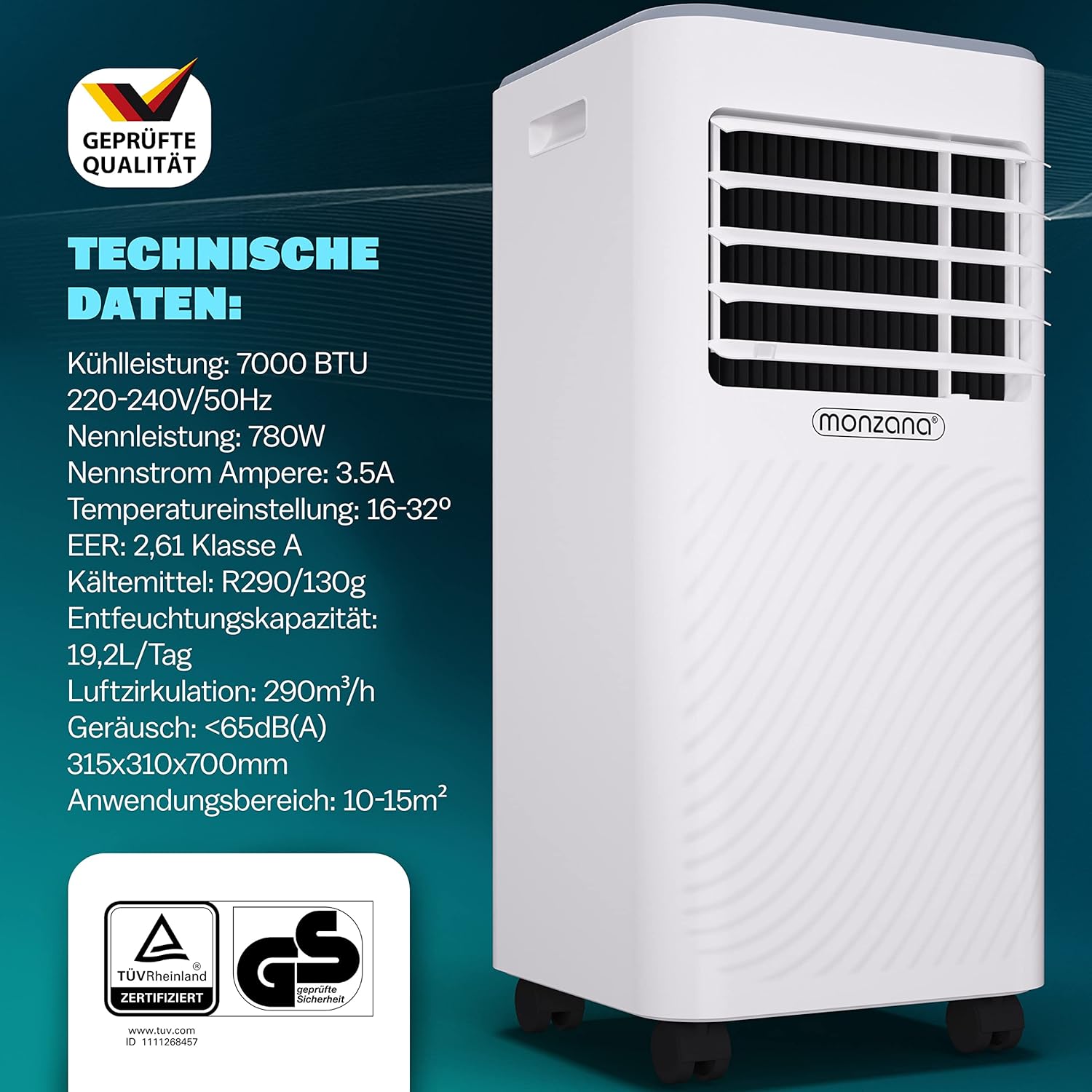 Monzana mobiele airconditioner MZKA2000 afvoerslang 7000BTU 3-in-1 750W 24h timer 25m² afstandsbediening ontvochtiger rolluikkit airco