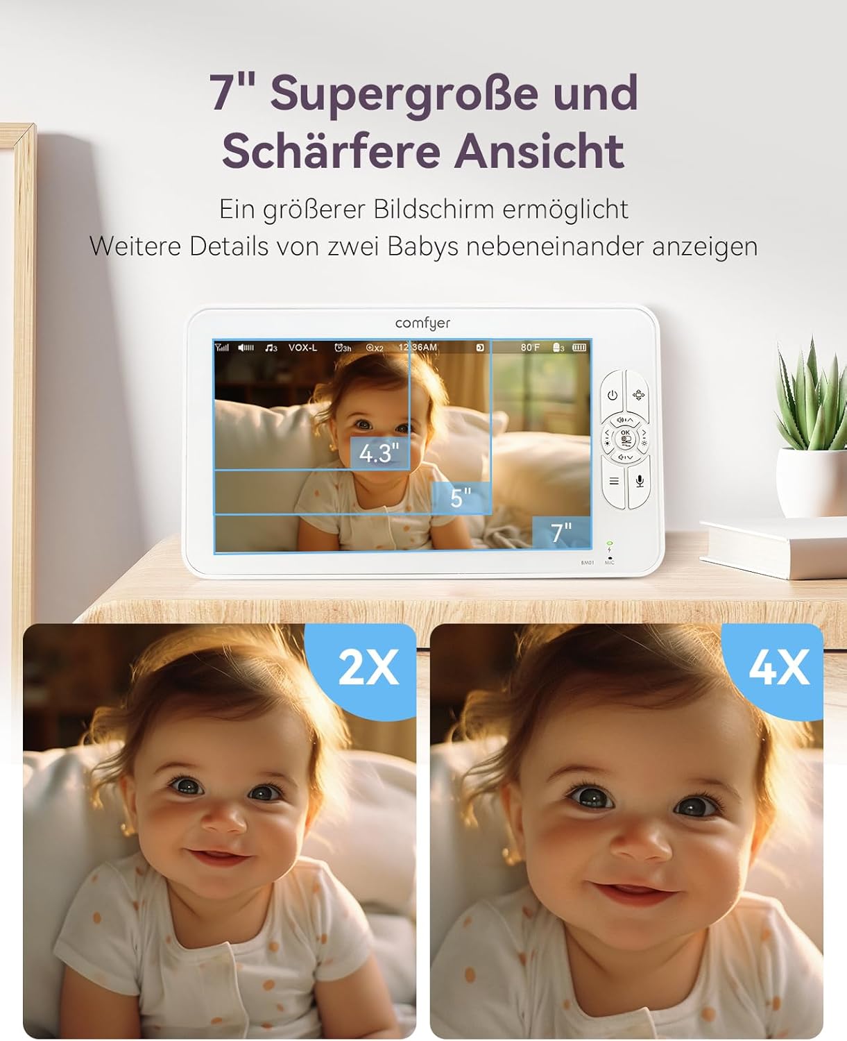 Comfyer Split-Screen Babyfoon met 2 Camera's, 7" HD 720P Videobabyfoon zonder wifi met Beugel, IR-Nachtzicht Groothoeklens Vox-modus 2-Weg Audio 292m Bereik Video Surveillance Apparaten