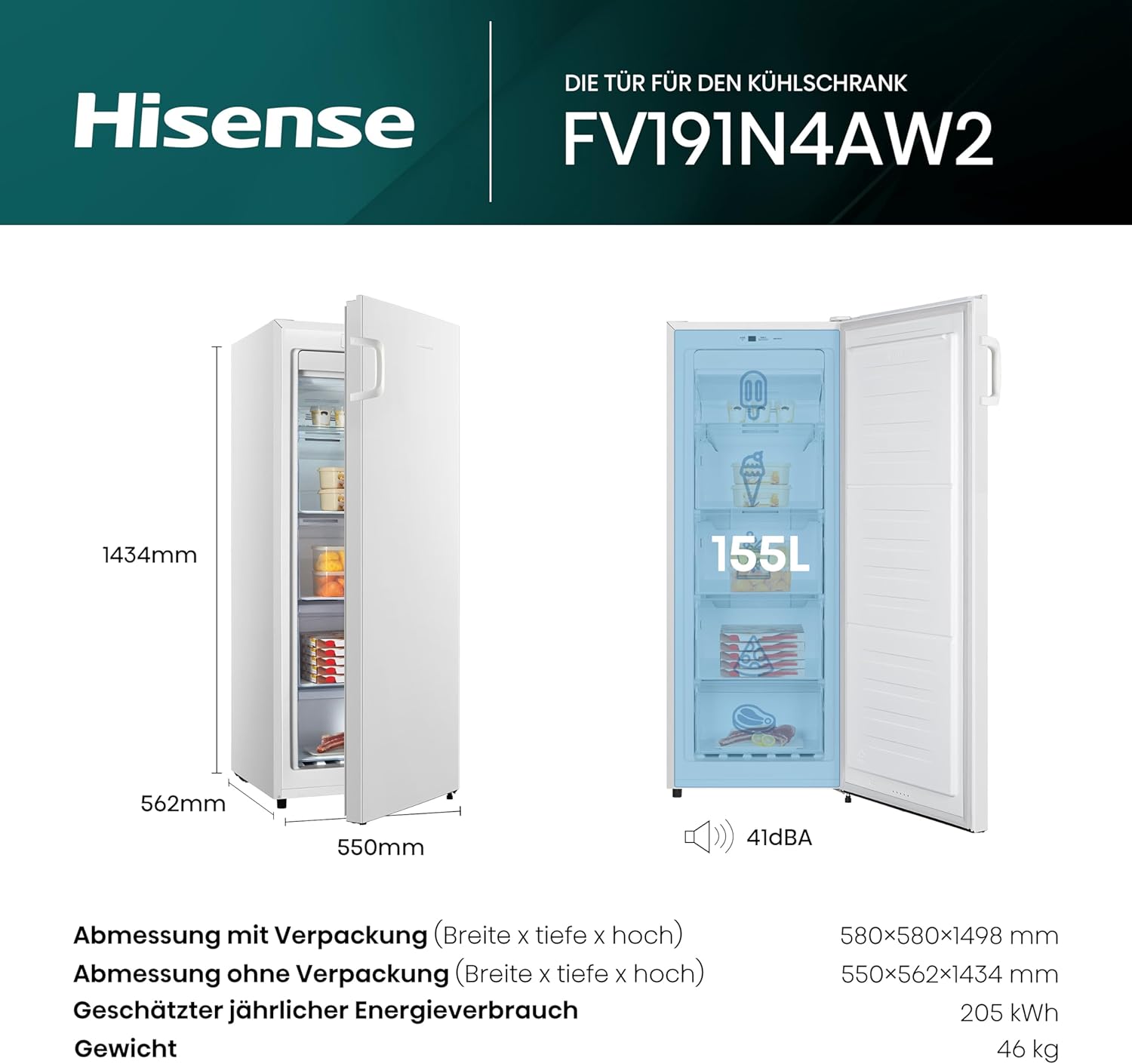 Hisense FV191N4AW2 Vriezer/ TotalNoFrost/ SuperFreeze/ Deuralarm/ Multiflow 360°/ BigBox/ 143,4 cm/ Vriesgedeelte 147 l/ 41 dB/ 205 kWh/Wit