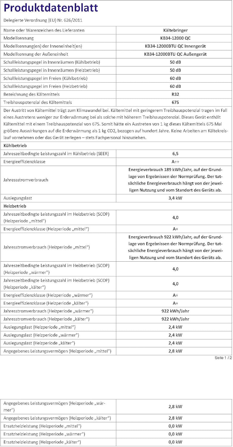 Kältebringer Split Airconditioner Quick Connect - 12000 BTU (3,4 kW) Airconditioner met Verwarmingsfunctie, Wifi & App, tot 91m², zeer stil - 5m Koperleiding, Koelmiddel R32, Montagemateriaal, Muurbeugel
