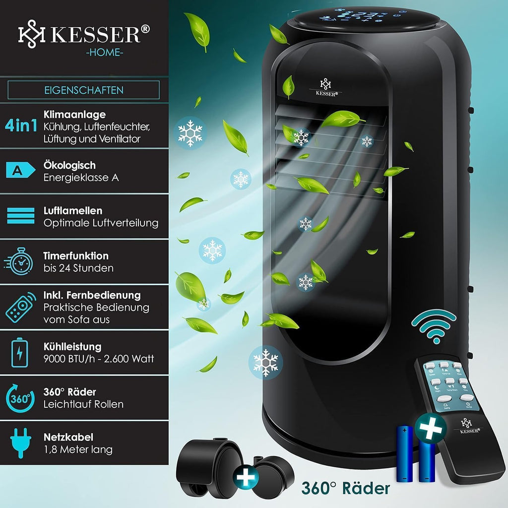 KESSER® Mobiele airconditioning Sky Tower 4-in-1 koelen, ontvochtigen, ventileren, ventilator - 9000 BTU/h (2.600 Watt) 2,7KW - Airco, afstandsbediening en timer, nachtmodus (EEK: D), Zwart