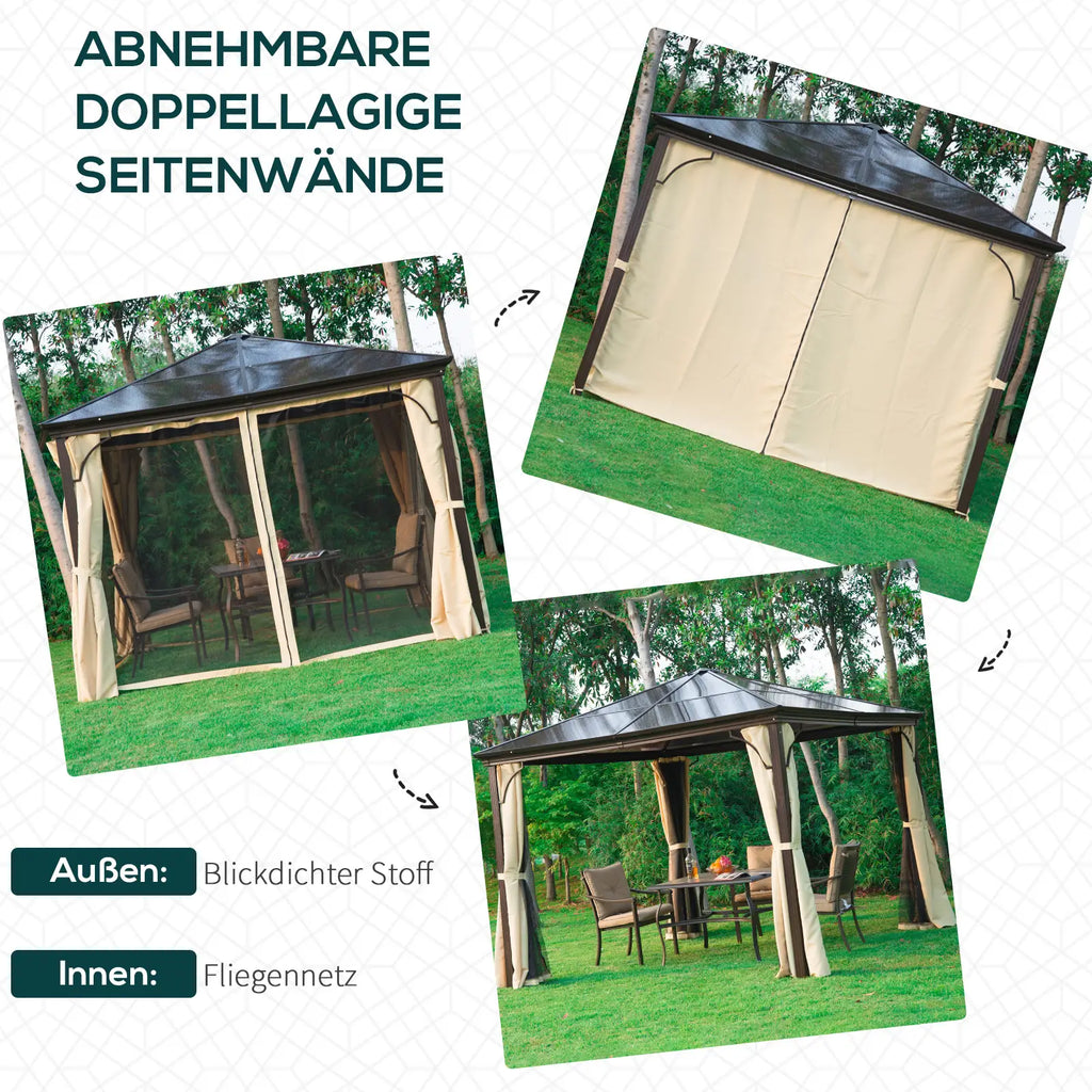Outsunny Tuinpaviljoen Hardtop met Polycarbonaat Dak Muskietennet Aluminium