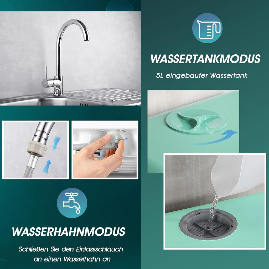 AIRMSEN Mini Geschirrspüler Tischgeschirrspüler mit 5+1 Programme 5L Wassertank, 2 Wege Wasserversorgung, Touch Control & LED-Display, Geeignet für Hausküchen, Wohnungen, Schlafsäle, Weiß & Schwarz