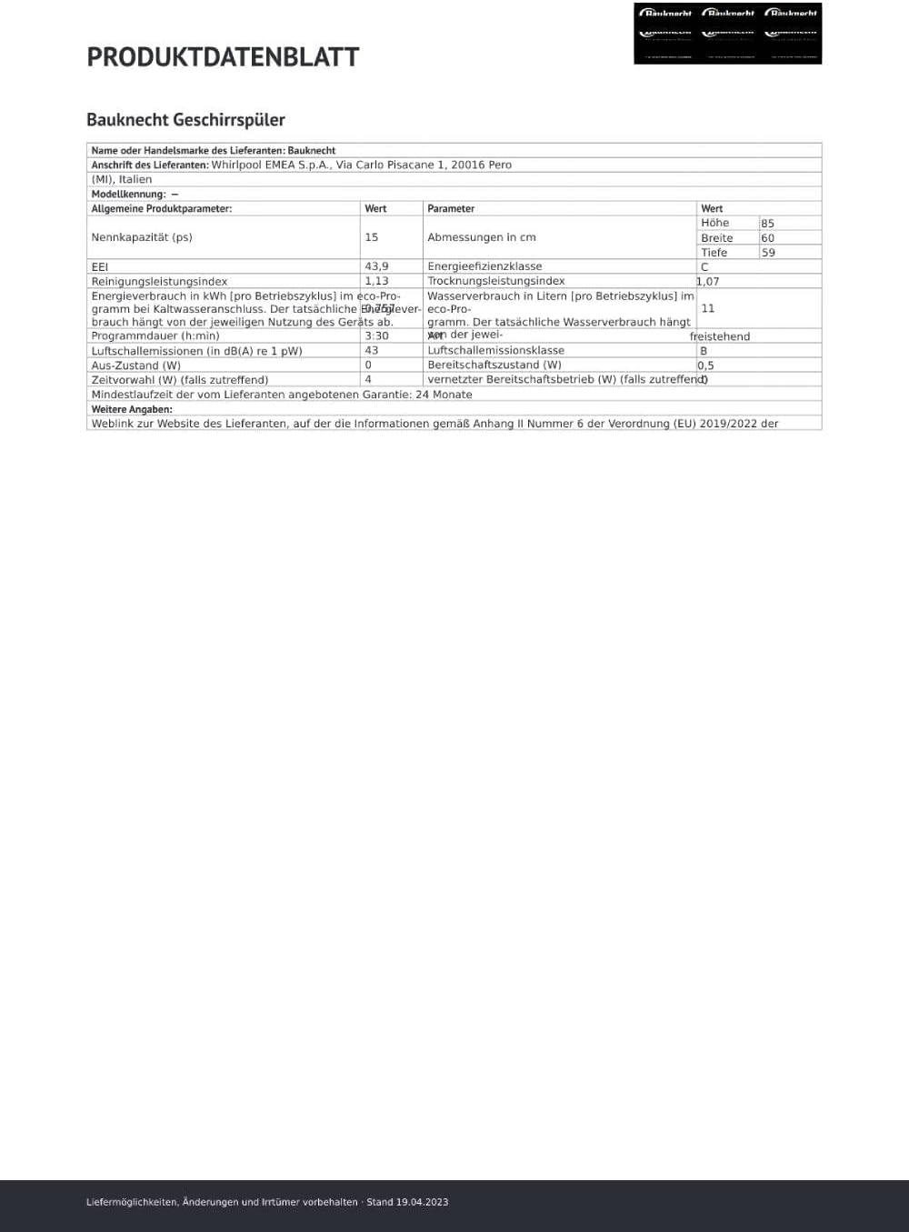 Bauknecht B7F HP43 XA Vrijstaande vaatwasser/ 60 cm/ 15 couverts/ PowerClean Pro-Effectieve hogedruksproeiers/ Natural Dry-Automatische deuropening-Betere droging/ Maxi Space-Meer binnenruimte