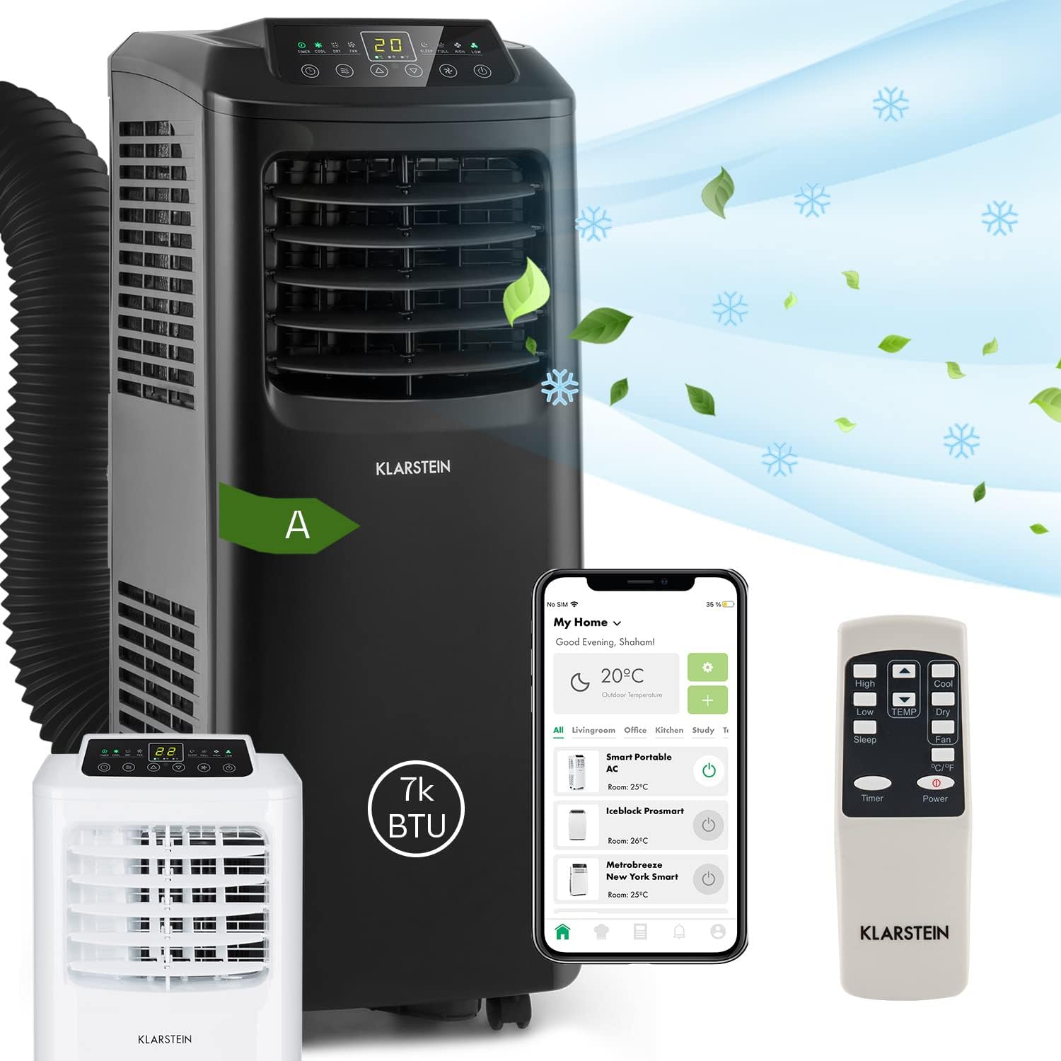 Klarstein Airconditioner, 4-in-1 Airconditioningsysteem, Luchtontvochtiger, Ventilator & Nachtmodus, Mobiele airconditioner met afvoerslang, App-bediening, Airconditioner voor ruimtes tot 44 m², 9000 BTU, Wit