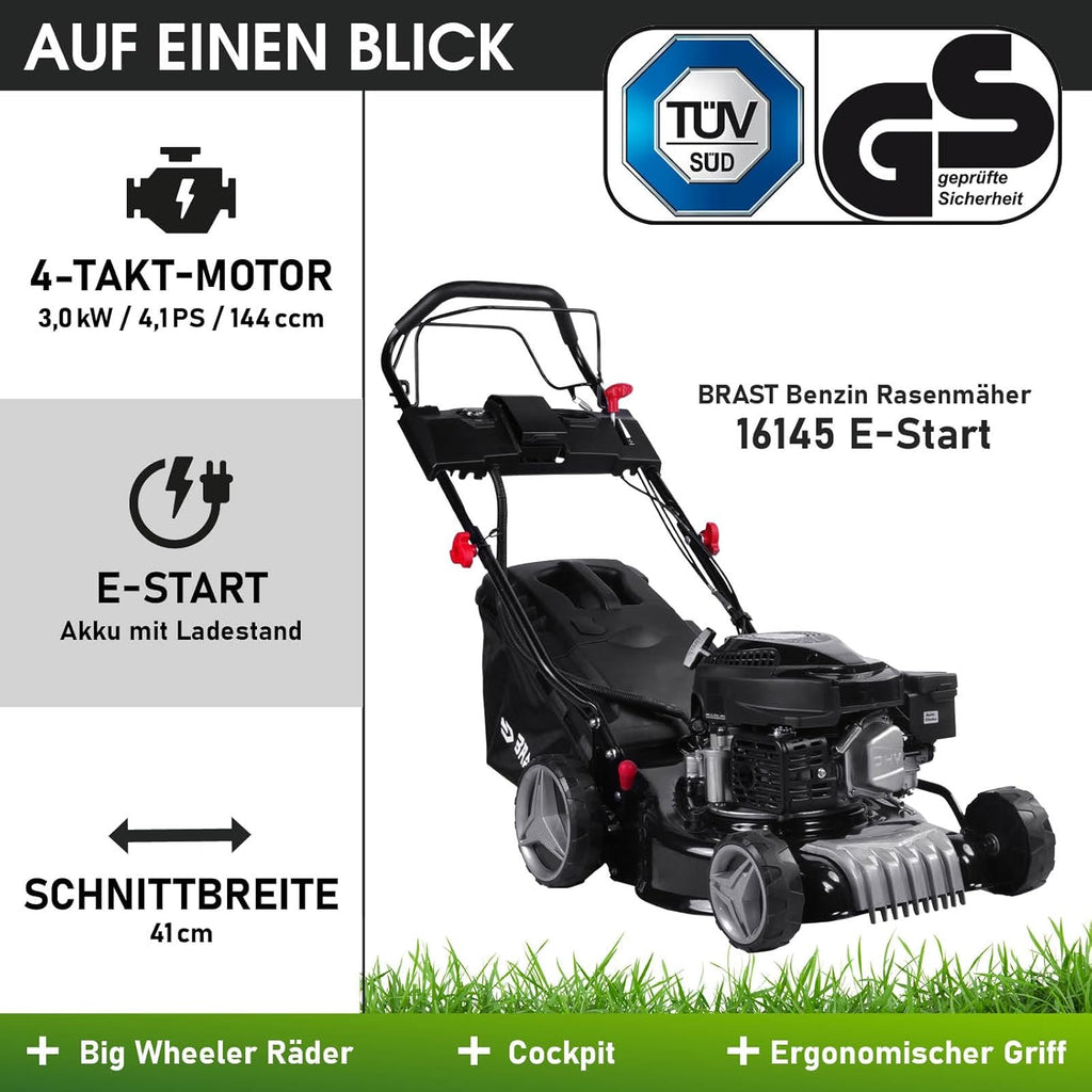 BRAST Benzine grasmaaier met aandrijving | 3,0 kW (4,1 pk) | Elektrische start | 41 cm maaibreedte | vele modellen | TÜV | 4-takt OHV-motor | 25-75 mm maaihoogte | 40 L opvangbak | Stalen behuizing | 16145 Estart