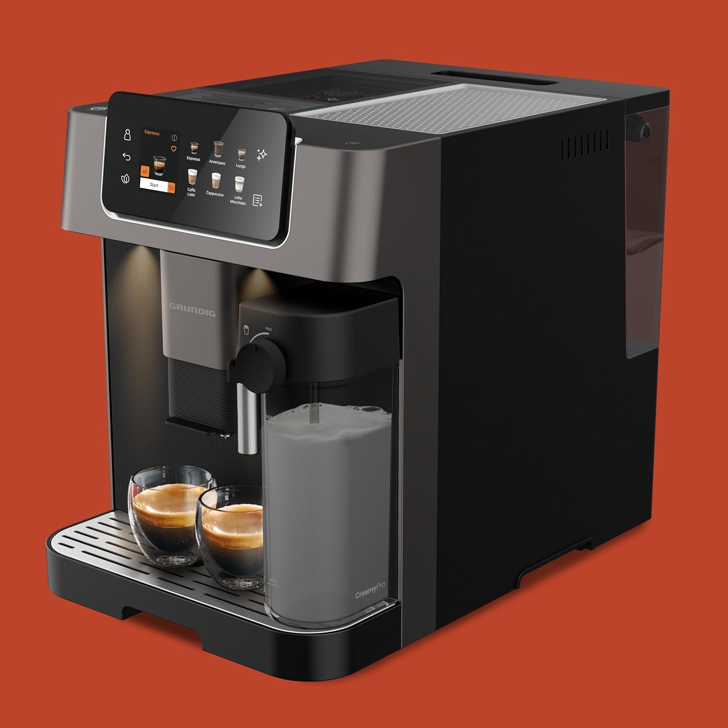 GRUNDIG KVA 7230 volautomatische koffiemachine, 10 koffiespecialiteiten, 13 maalfijnheden, melkreservoir, krachtig 1350 W, 19 bar pompdruk, dubbele uitloop, verlichting, Zwart/Donkerzilver