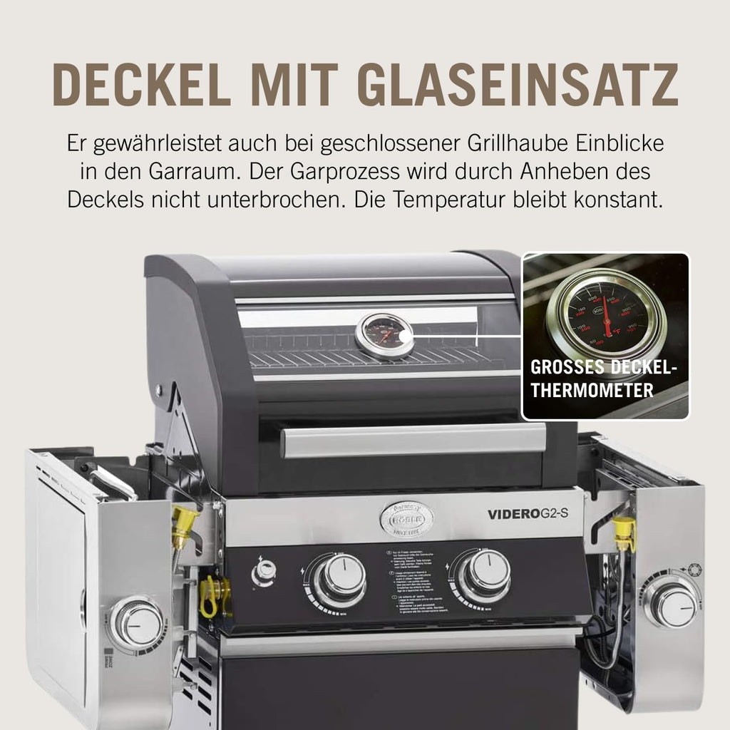 RÖSLE Elektrische BBQ-grill Portable Videro E2-P, draagbare tafelgrill met 2 branders, warmhoudrooster en deksel met glasplaat, gepoedercoat staal, zwart/zilver