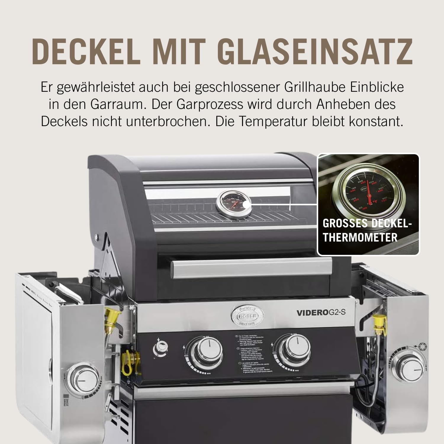 RÖSLE Elektrische BBQ-grill Portable Videro E2-P, draagbare tafelgrill met 2 branders, warmhoudrooster en deksel met glasplaat, gepoedercoat staal, zwart/zilver