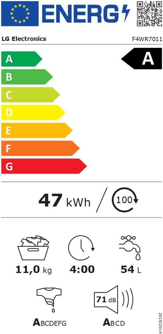 LG F4WV7080, Klasse A, Voorlader Wasmachine 8 kg, 1400 tpm, AI Direct Drive, Wi-Fi, Dieptereiniging met Stoom, Grote Capaciteit, TRIPLE A, Veiligheidsglas Buitendeur, 62 x 60 x 85 cm ꟷ Wit