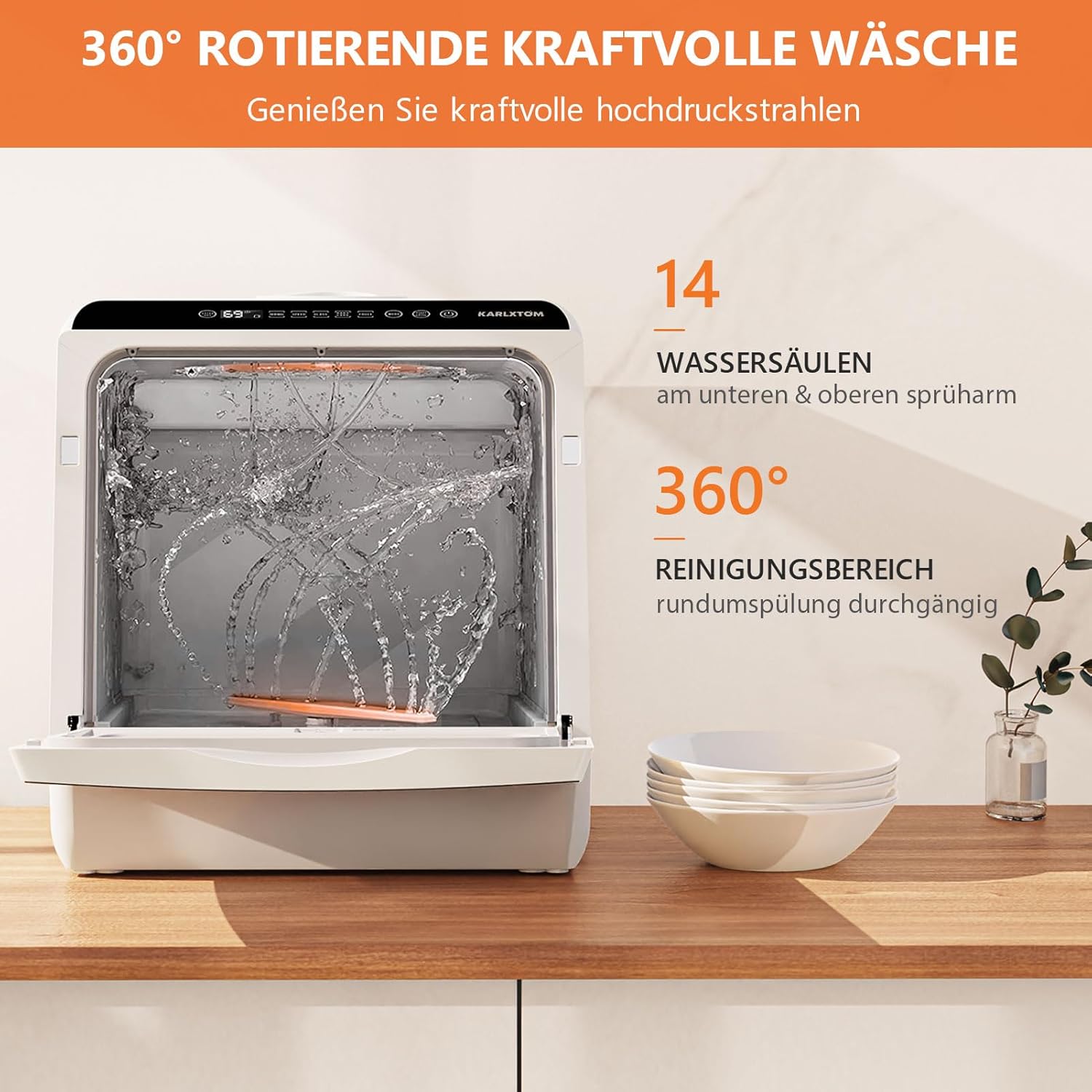 Karlxtom TDQR03A Mini Vaatwasser, 6 Programma's Vrijstaande Tafelvaatwasser, Vaatwasser met 2 Watertoevoermodi, Automatisch Drogen, Perfect voor Kleine Gezinnen en Koppels