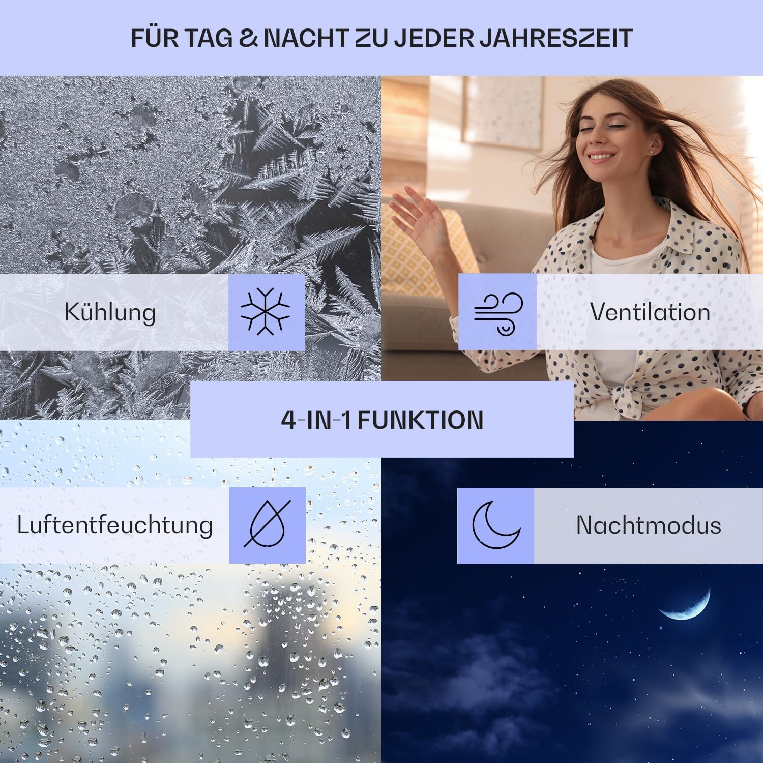 Klarstein Mobiele Airconditioner met Afvoerslang, 4-in-1 Airco, Ventilator, Luchtontvochtiger & Nachtmodus, Kleine & Draagbare Airco voor Thuis & Kantoor, Laag Verbruik, 14000BTU