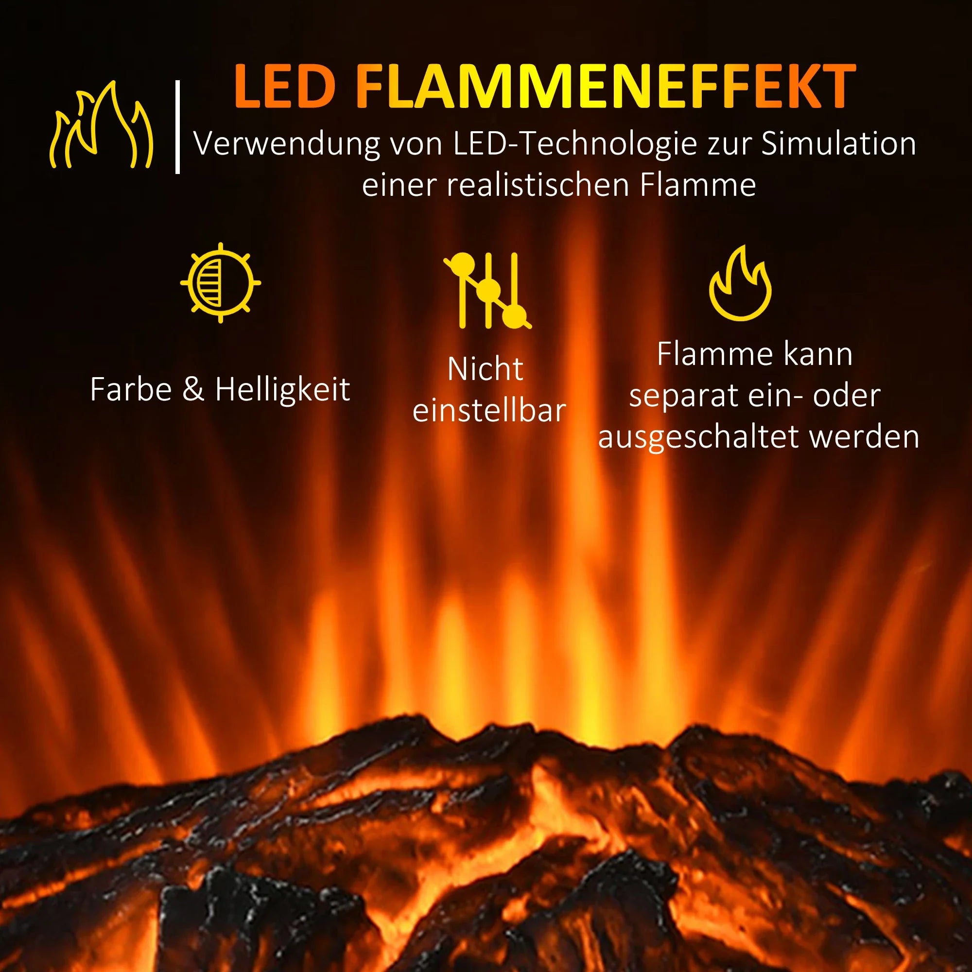 HOMCOM Elektrische haard LED-vlameffect 2 verwarmingsstanden Oververhittingsbeveiliging
