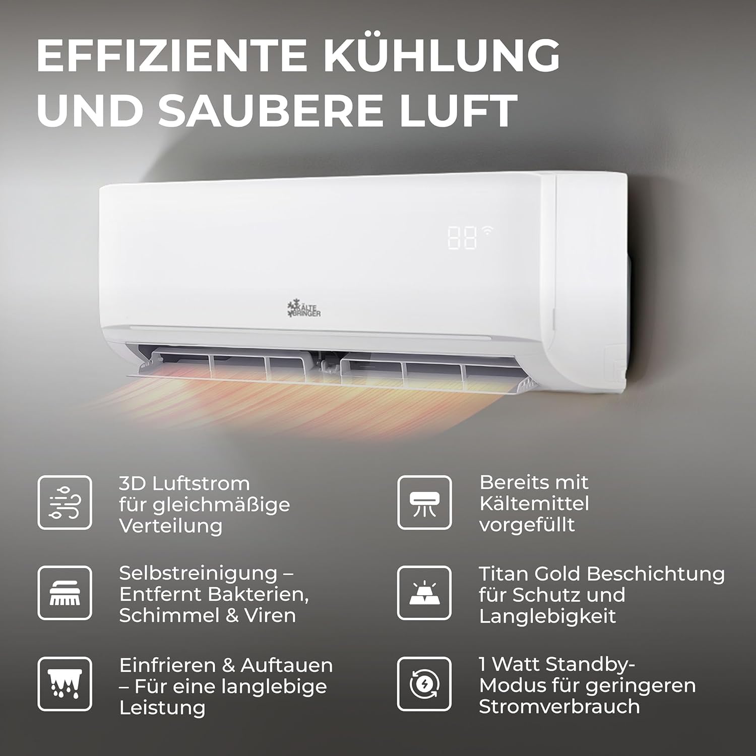 Kältebringer Split Airconditioner - 9000 BTU (2,6 kW) - Airco met Verwarming, WiFi & App, tot 45m², zeer stil - Set met 5m Koperleiding, Koudemiddel R32, Montagemateriaal, Wandbeugel