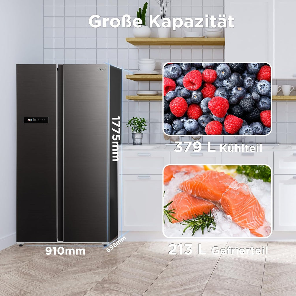 Midea KS-DDX 6.32 WT Amerikaanse koelkast/178,8 cm hoogte/254 kWh/jaar/No Frost/Dual Inverter Compressor/met 3-in-1 water-/ijsdispenser en watertank, Dark Inox
