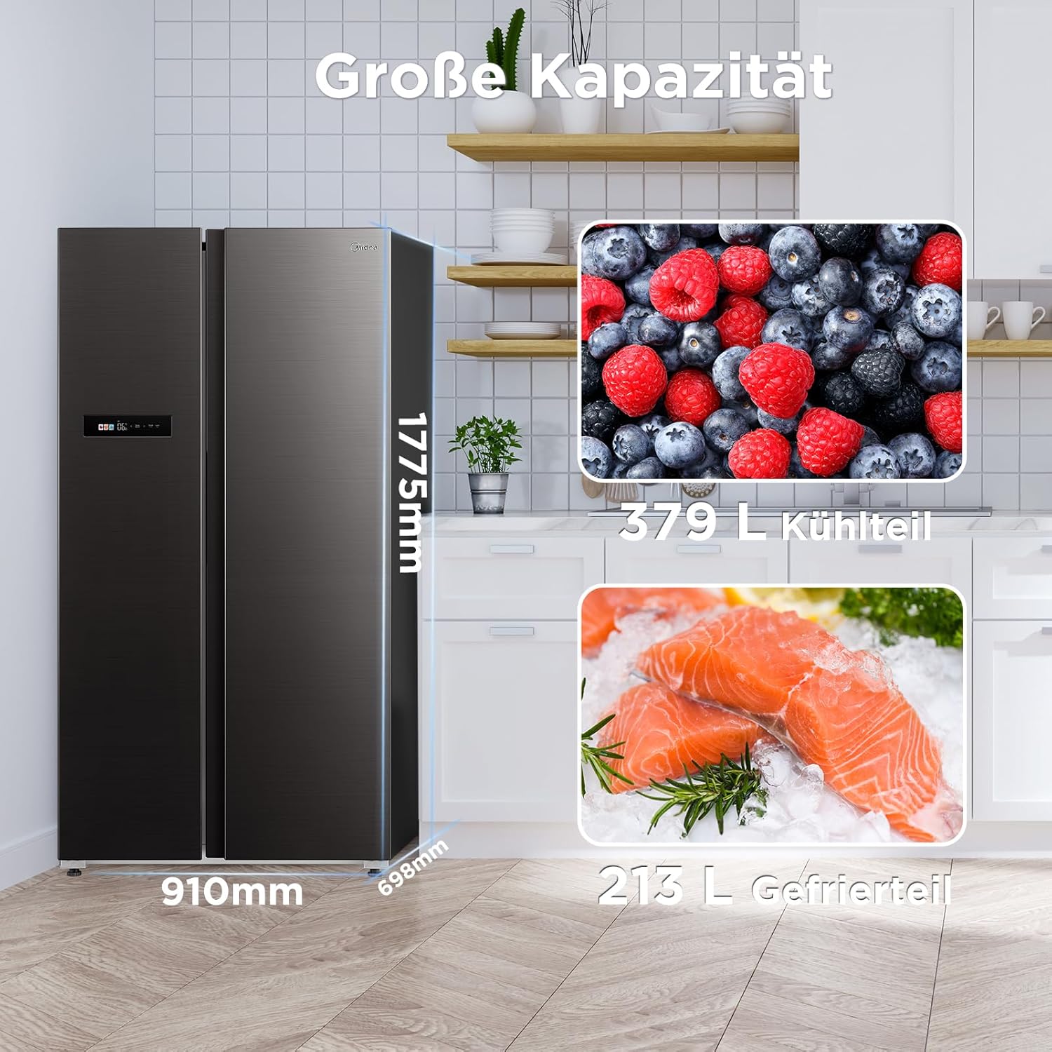 Midea KS-DDX 6.32 WT Amerikaanse koelkast/178,8 cm hoogte/254 kWh/jaar/No Frost/Dual Inverter Compressor/met 3-in-1 water-/ijsdispenser en watertank, Dark Inox