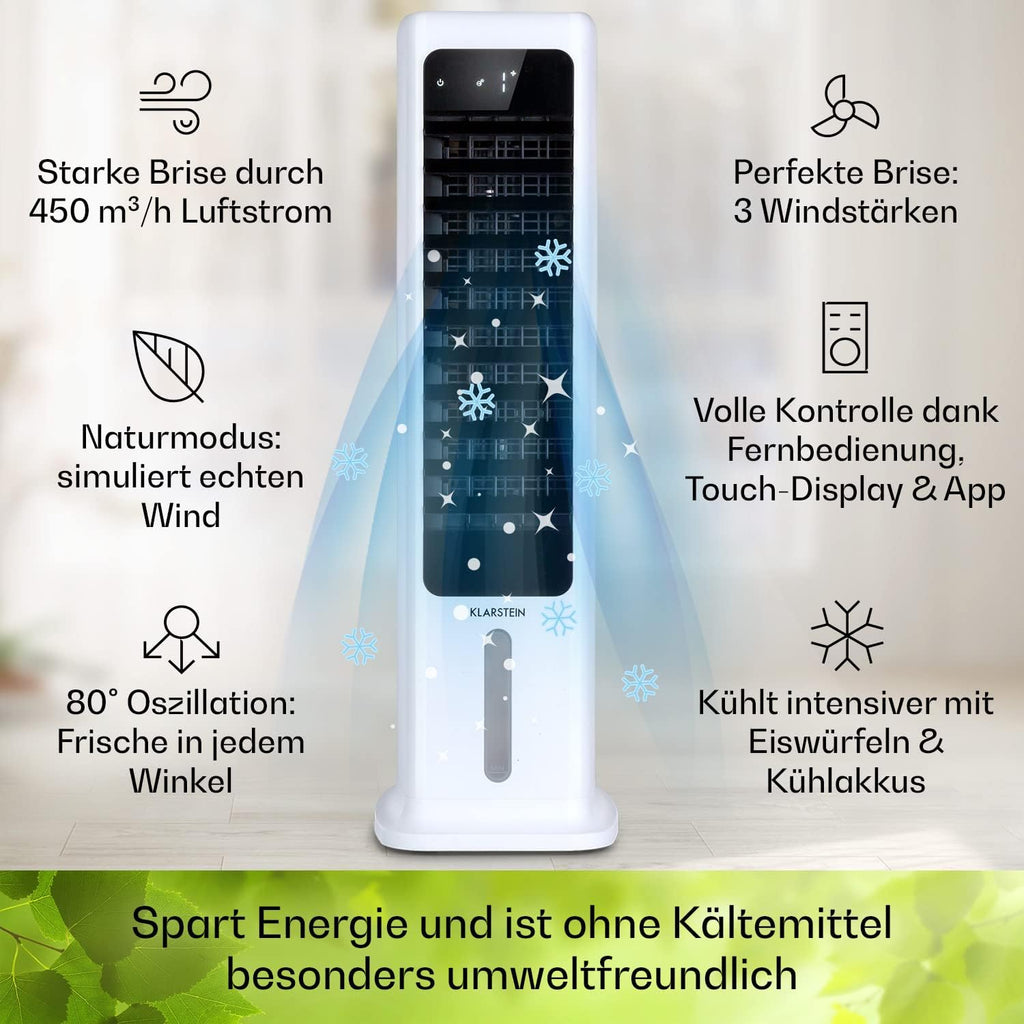 Klarstein Luchtkoeler met Waterkoeling, 5-in-1 Verdampingskoeler, Luchtbevochtiger, Ventilator & Luchtreiniger, Mobiele Airconditioner Luchtkoeler met App-Bediening, 80W Air Cooler, 462m³/h Luchtstroom, Wit