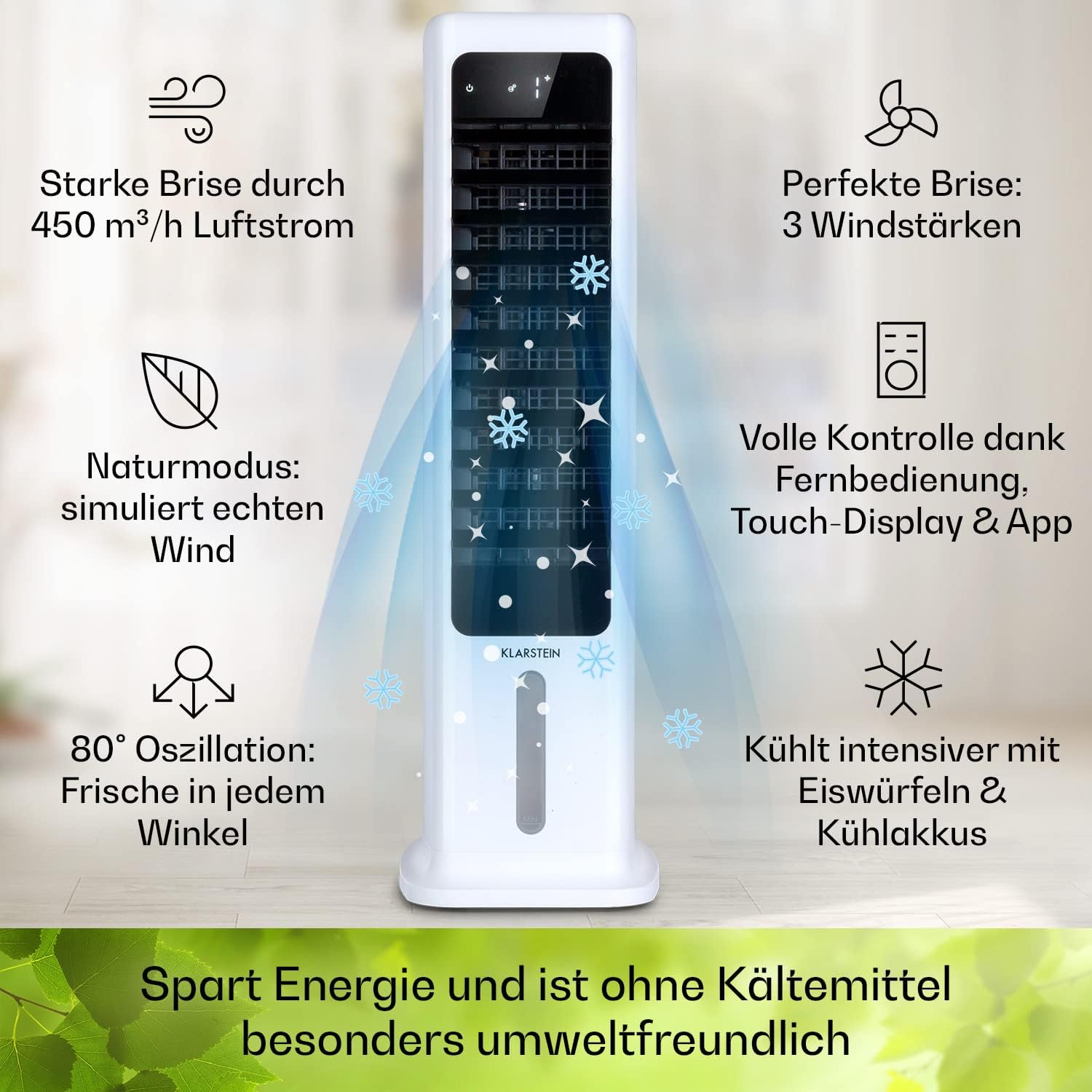 Klarstein Luchtkoeler met Waterkoeling, 5-in-1 Verdampingskoeler, Luchtbevochtiger, Ventilator & Luchtreiniger, Mobiele Airconditioner Luchtkoeler met App-Bediening, 80W Air Cooler, 462m³/h Luchtstroom, Wit
