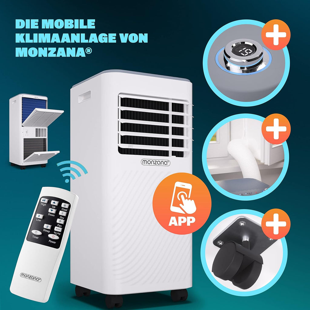 Monzana mobiele airconditioner MZKA2000 afvoerslang 7000BTU 3-in-1 750W 24h timer 25m² afstandsbediening ontvochtiger rolluikkit airco