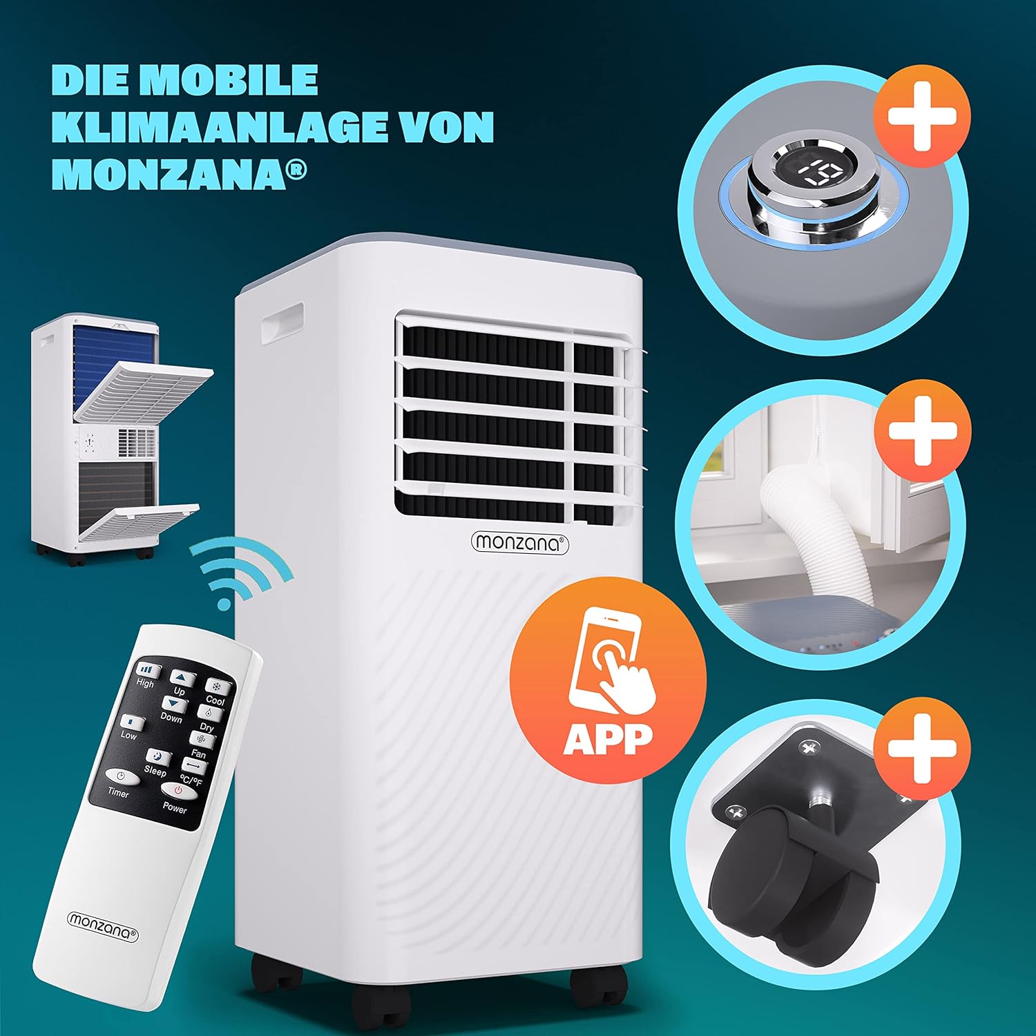 Monzana mobiele airconditioner MZKA2000 afvoerslang 7000BTU 3-in-1 750W 24h timer 25m² afstandsbediening ontvochtiger rolluikkit airco