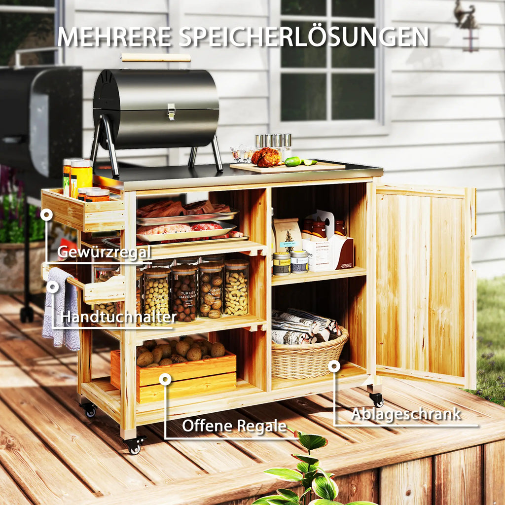 Outsunny Barbecuewagen Outdoor Keukeneiland met wielen Massief hout