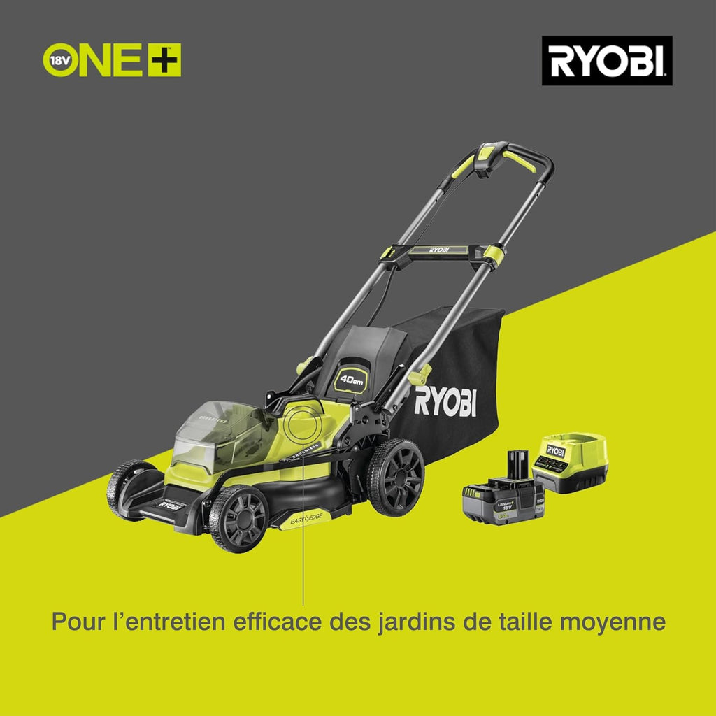 RYOBI 18 V ONE+ Accu-grasmaaier RLM18X33B40 (snijbreedte 33 cm, 5-voudige hoogteverstelling 25-65 mm, inklapbare duwbeugel, incl. mulchplug, 35l grasvangzak, 4,0Ah accu & lader)