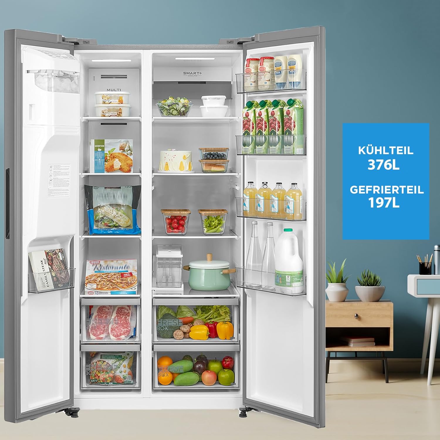 Midea KS-DDX 6.32 WT Amerikaanse koelkast/178,8 cm hoogte/254 kWh/jaar/No Frost/Dual Inverter Compressor/met 3-in-1 water-/ijsdispenser en watertank, Dark Inox