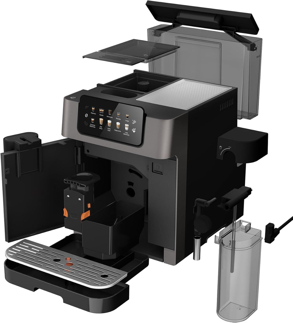 GRUNDIG KVA 7230 volautomatische koffiemachine, 10 koffiespecialiteiten, 13 maalfijnheden, melkreservoir, krachtig 1350 W, 19 bar pompdruk, dubbele uitloop, verlichting, Zwart/Donkerzilver