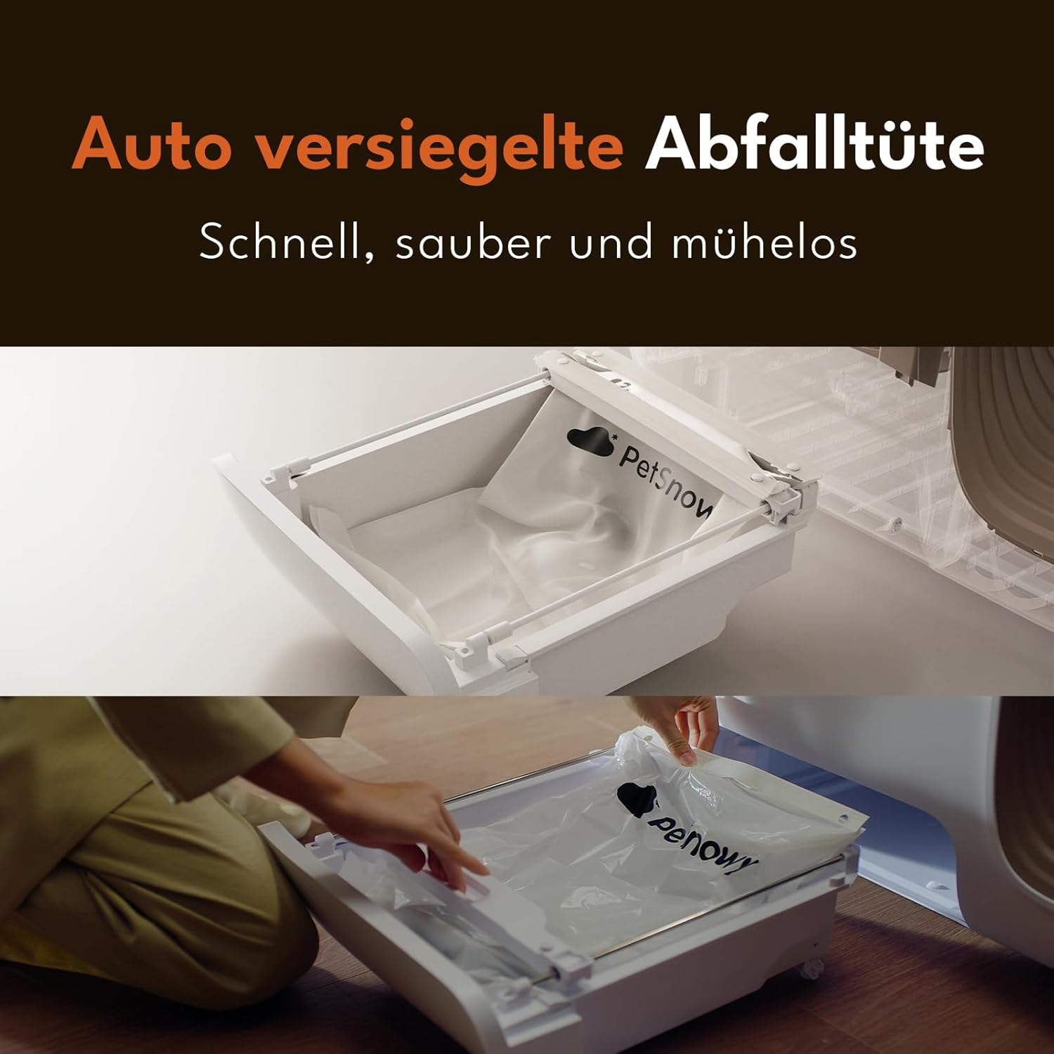 PetSnowy Zelfreinigende Kattenbak met TiO2-geurbestrijdingssysteem, App-bediening, Automatische verpakking voor Grote Katten & Meerdere katten 1,5-9 kg, Max Capaciteit van 83L (2025 Premium)