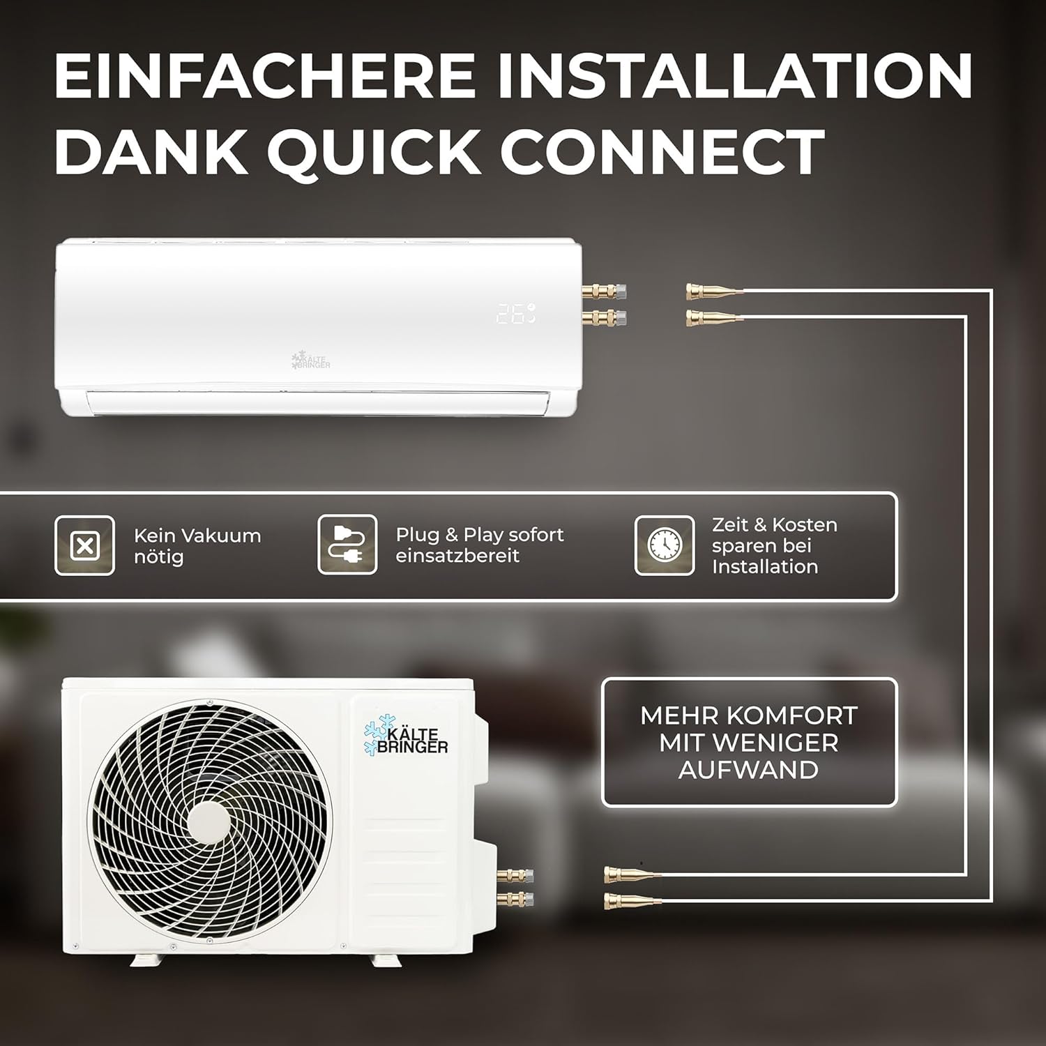 Kältebringer Split Airconditioner Quick Connect - 12000 BTU (3,4 kW) Airconditioner met Verwarmingsfunctie, Wifi & App, tot 91m², zeer stil - 5m Koperleiding, Koelmiddel R32, Montagemateriaal, Muurbeugel