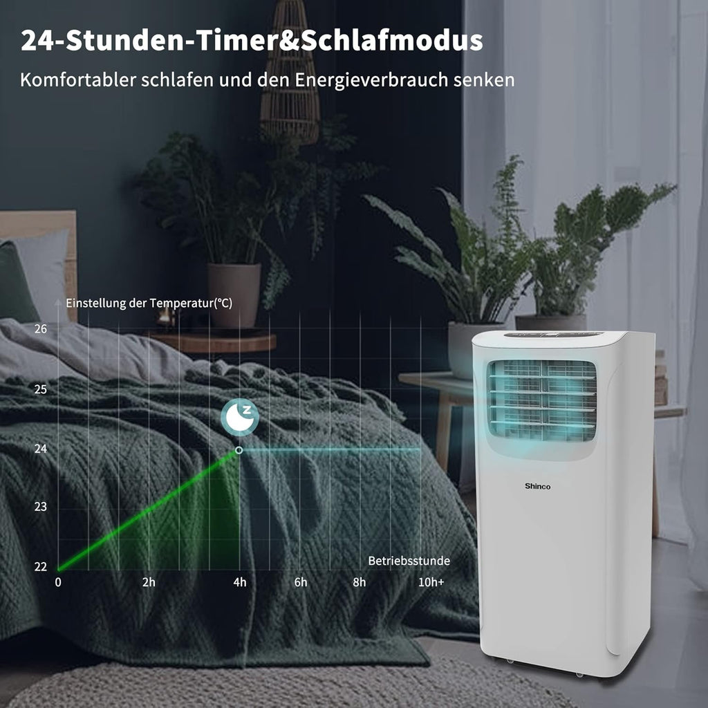 SHINCO Mobiele airconditioning met luchtafvoerslang, 9000 BTU, 2,6 kW, Koelen&Ventileren&Ontvochtigen, Mobiel airco-apparaat met slaapstand, Ruimte tot 22㎡, 24-uurs timer