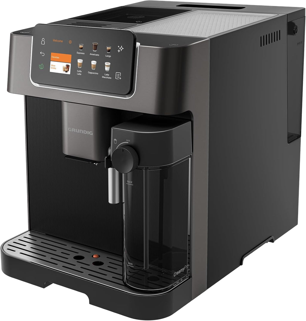 GRUNDIG KVA 7230 volautomatische koffiemachine, 10 koffiespecialiteiten, 13 maalfijnheden, melkreservoir, krachtig 1350 W, 19 bar pompdruk, dubbele uitloop, verlichting, Zwart/Donkerzilver