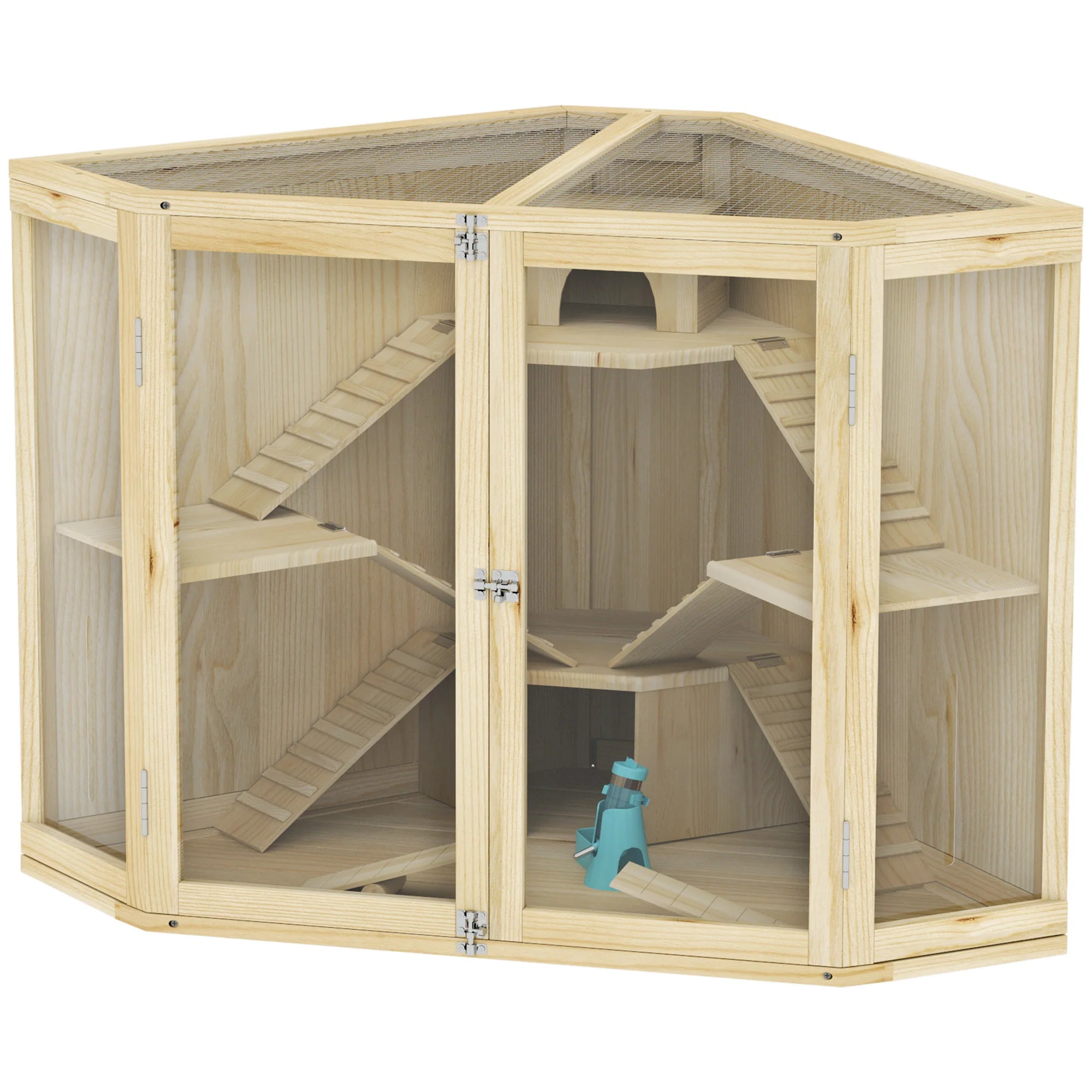 PawHut Hamsterkooi Hout 4 Verdiepingen met Accessoires en Kijkvenster
